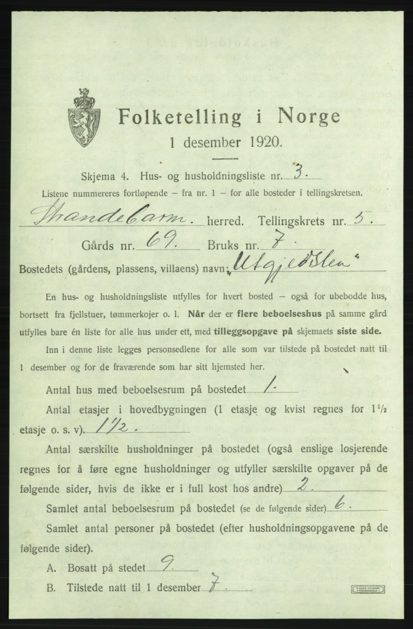 SAB, 1920 census for Strandebarm, 1920, p. 988