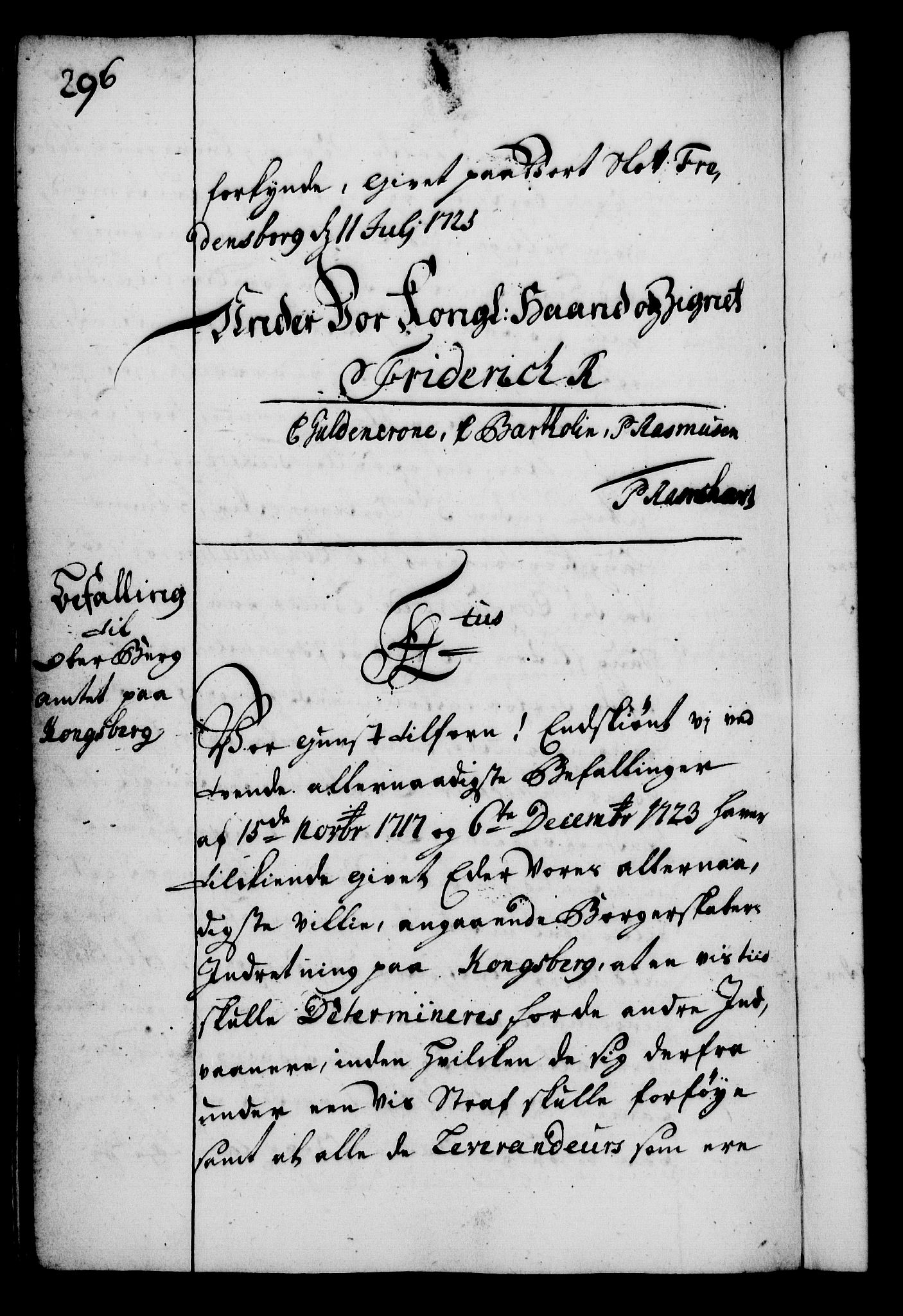 Rentekammeret, Kammerkanselliet, RA/EA-3111/G/Gg/Gga/L0002: Norsk ekspedisjonsprotokoll med register (merket RK 53.2), 1723-1727, p. 296