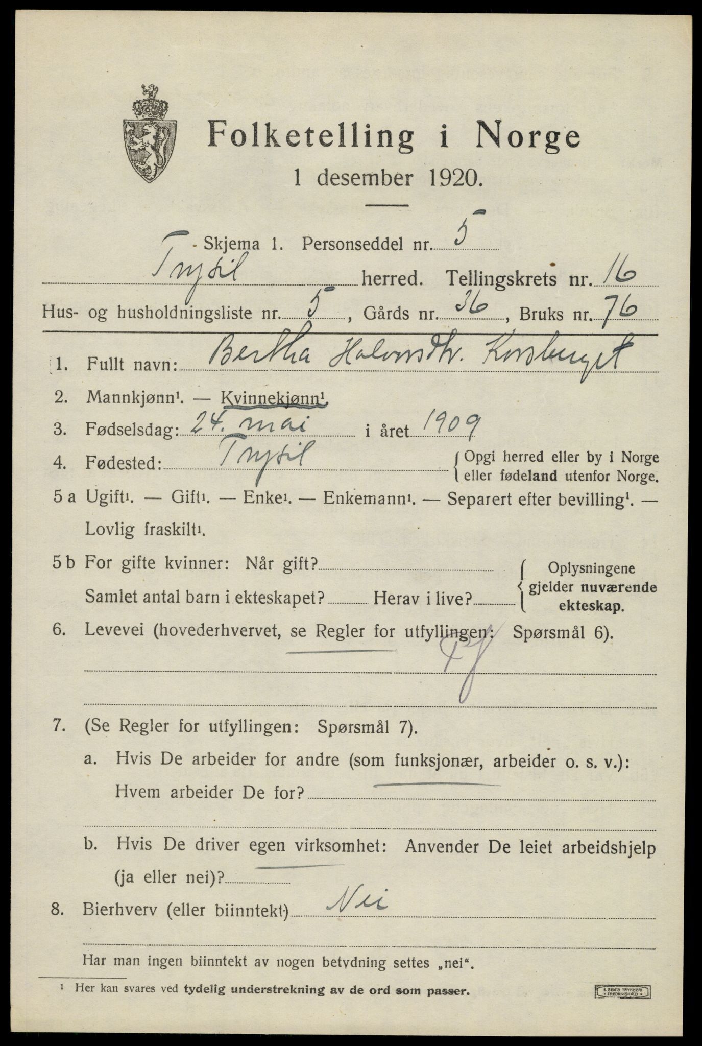 SAH, 1920 census for Trysil, 1920, p. 9497