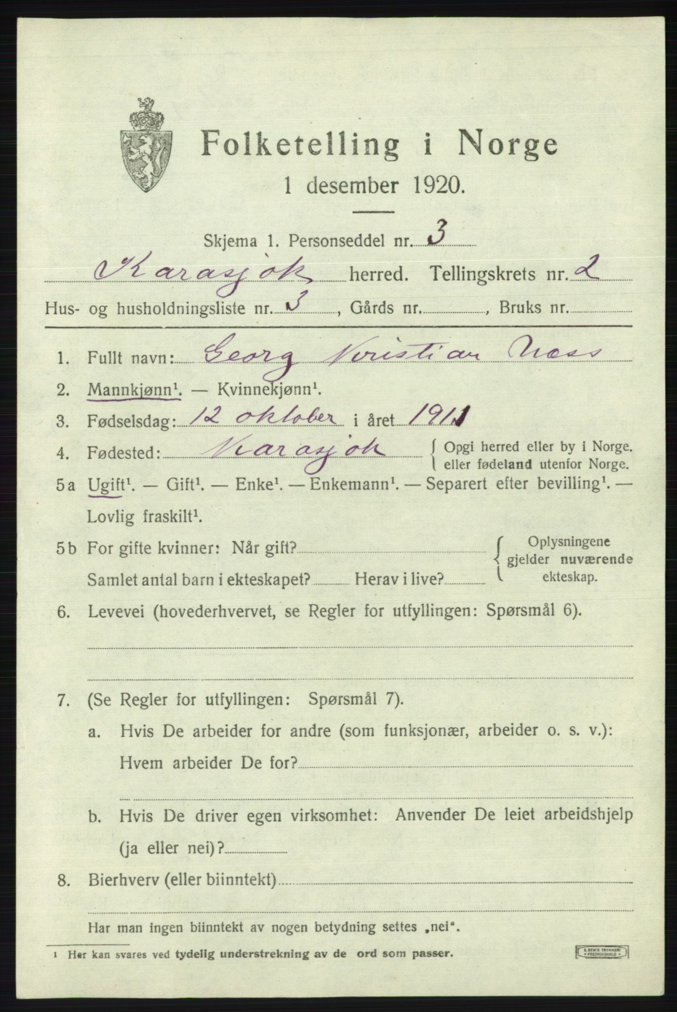 SATØ, 1920 census for Karasjok, 1920, p. 1000