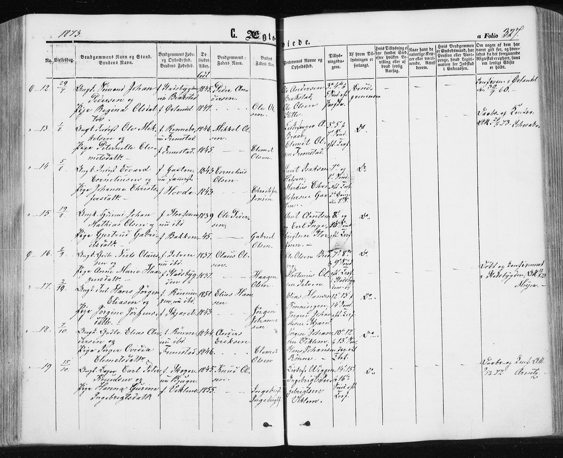 Ministerialprotokoller, klokkerbøker og fødselsregistre - Sør-Trøndelag, AV/SAT-A-1456/659/L0737: Parish register (official) no. 659A07, 1857-1875, p. 327