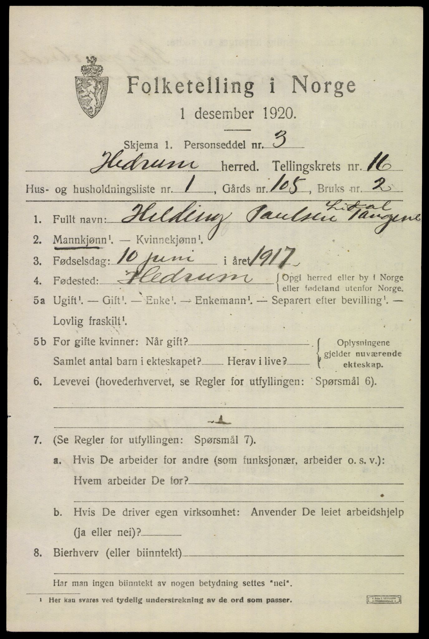 SAKO, 1920 census for Hedrum, 1920, p. 10253