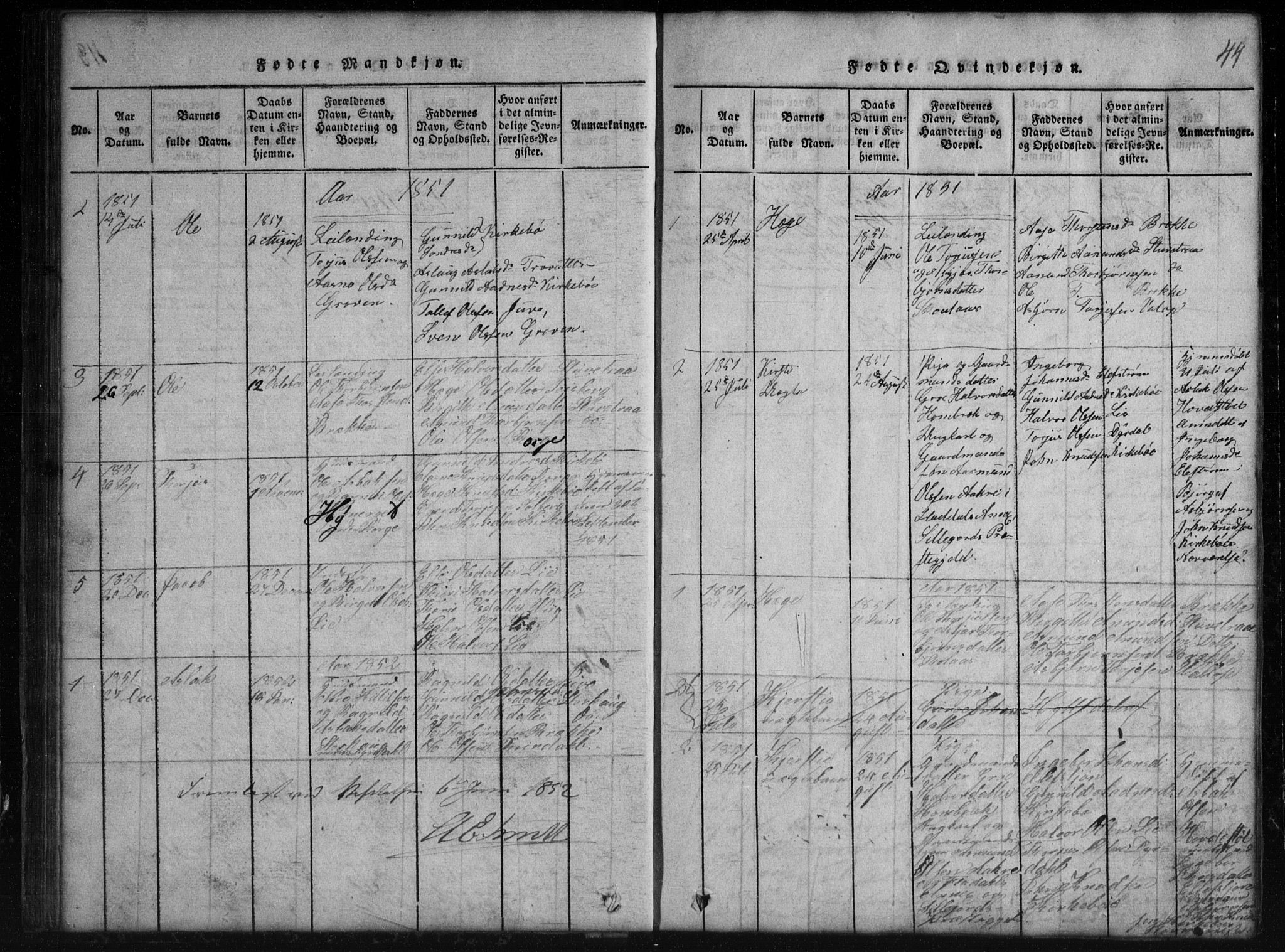 Rauland kirkebøker, SAKO/A-292/G/Gb/L0001: Parish register (copy) no. II 1, 1815-1886, p. 44