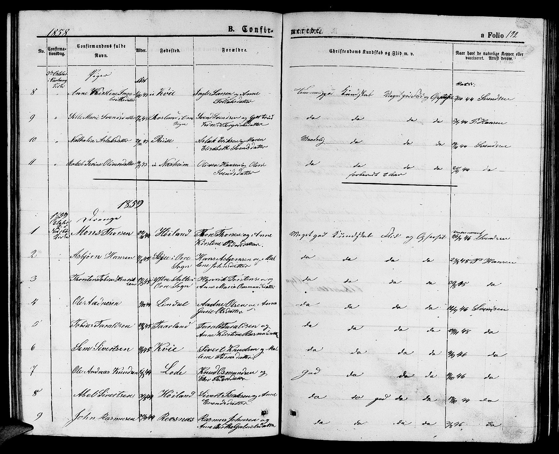 Hå sokneprestkontor, AV/SAST-A-101801/001/30BB/L0001: Parish register (copy) no. B 1, 1854-1883, p. 192