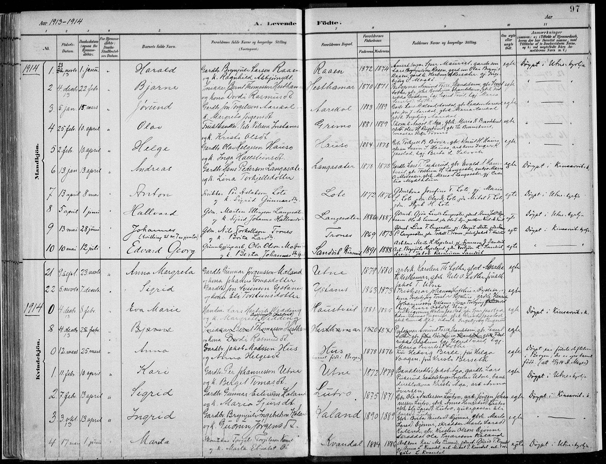 Ullensvang sokneprestembete, SAB/A-78701/H/Haa: Parish register (official) no. E  1, 1882-1921, p. 97