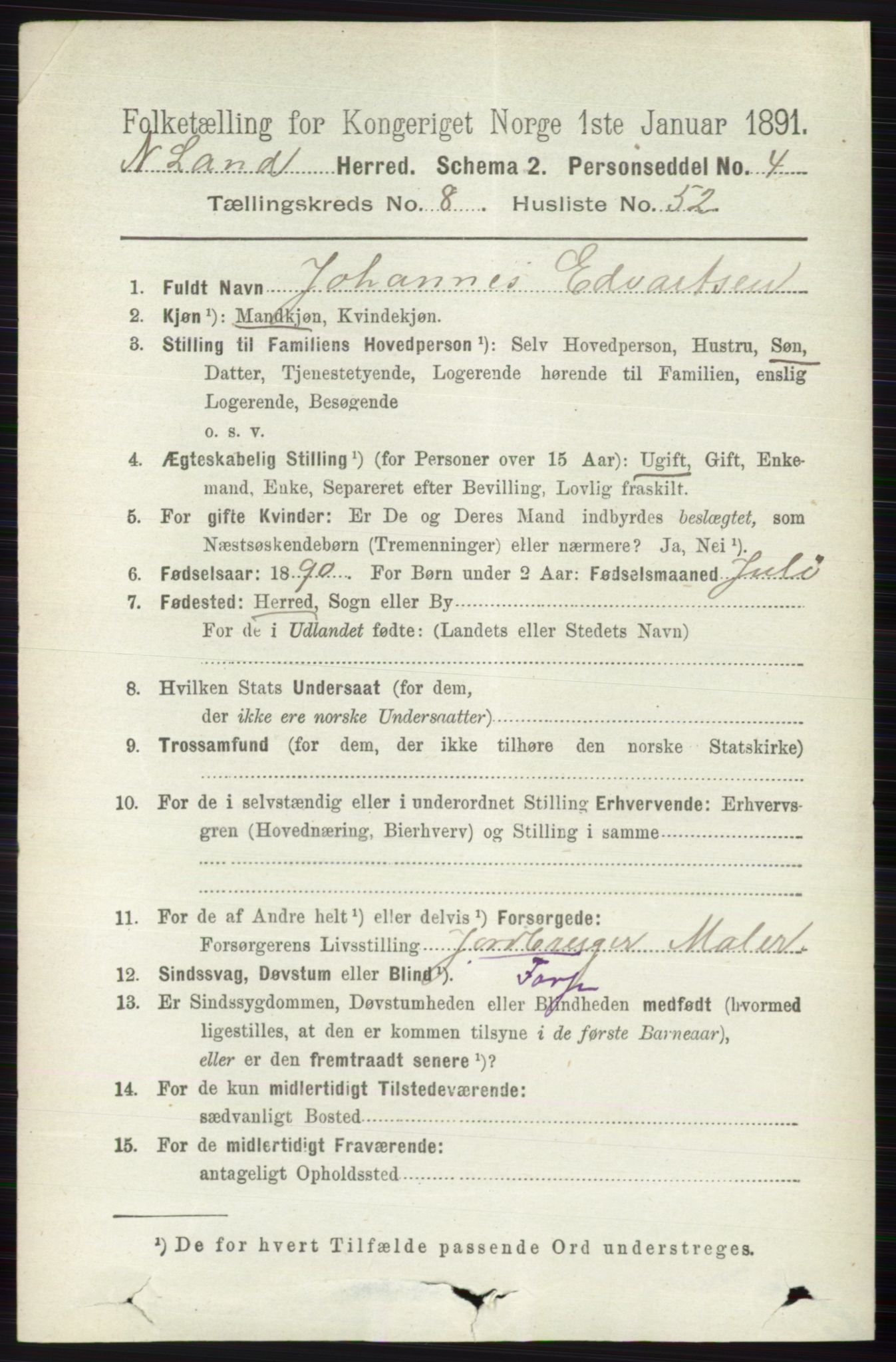 RA, 1891 census for 0538 Nordre Land, 1891, p. 2519