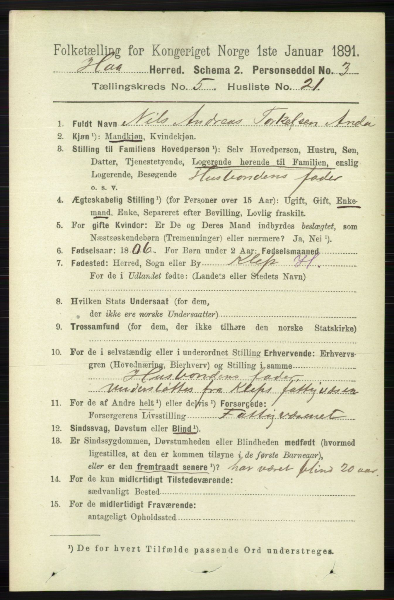 RA, 1891 census for 1119 Hå, 1891, p. 1484