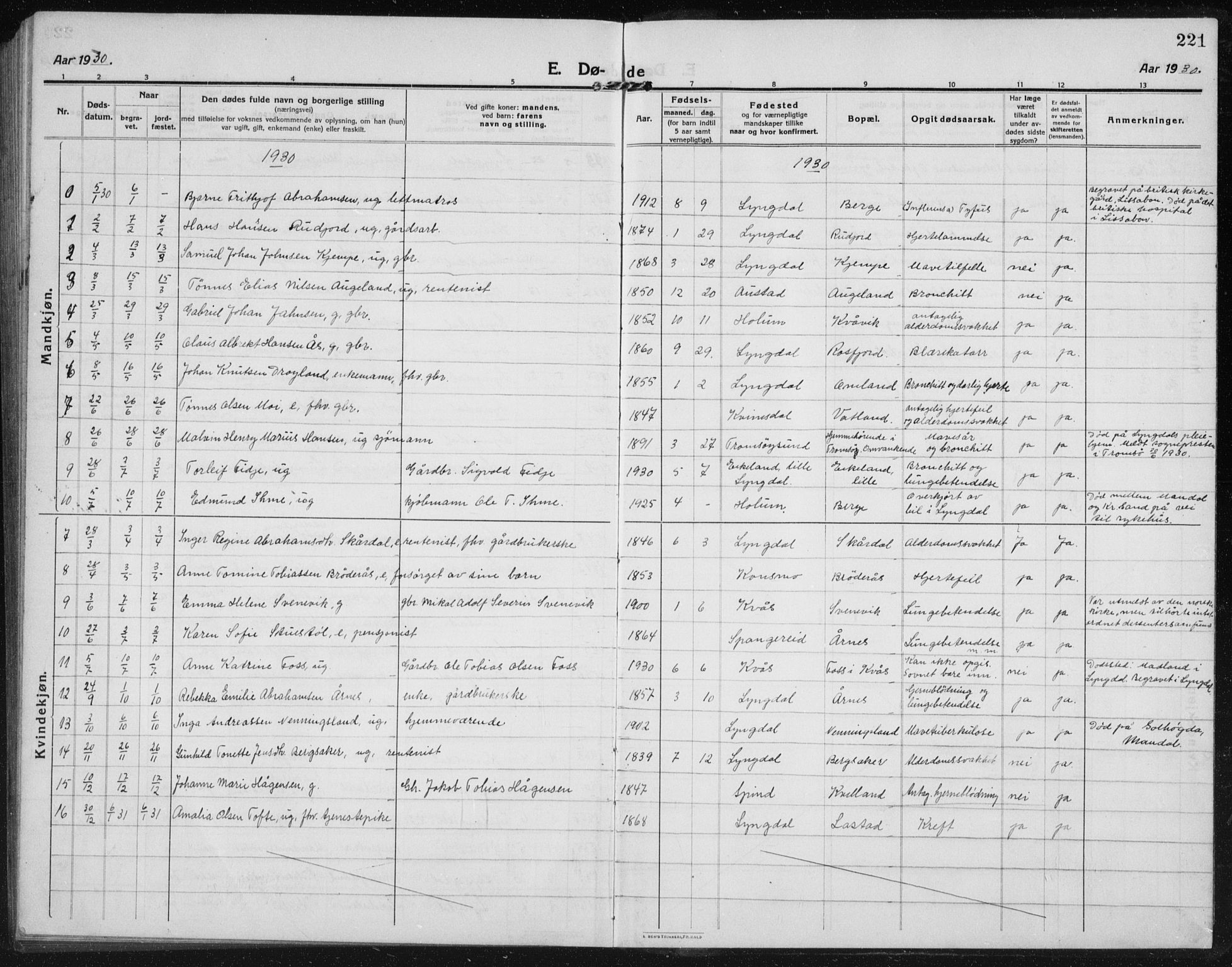 Lyngdal sokneprestkontor, AV/SAK-1111-0029/F/Fb/Fbc/L0006: Parish register (copy) no. B 6, 1914-1934, p. 221