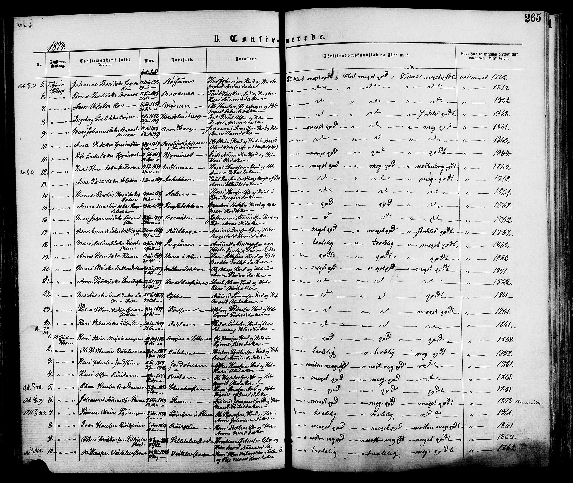 Nord-Fron prestekontor, AV/SAH-PREST-080/H/Ha/Haa/L0002: Parish register (official) no. 2, 1865-1883, p. 265