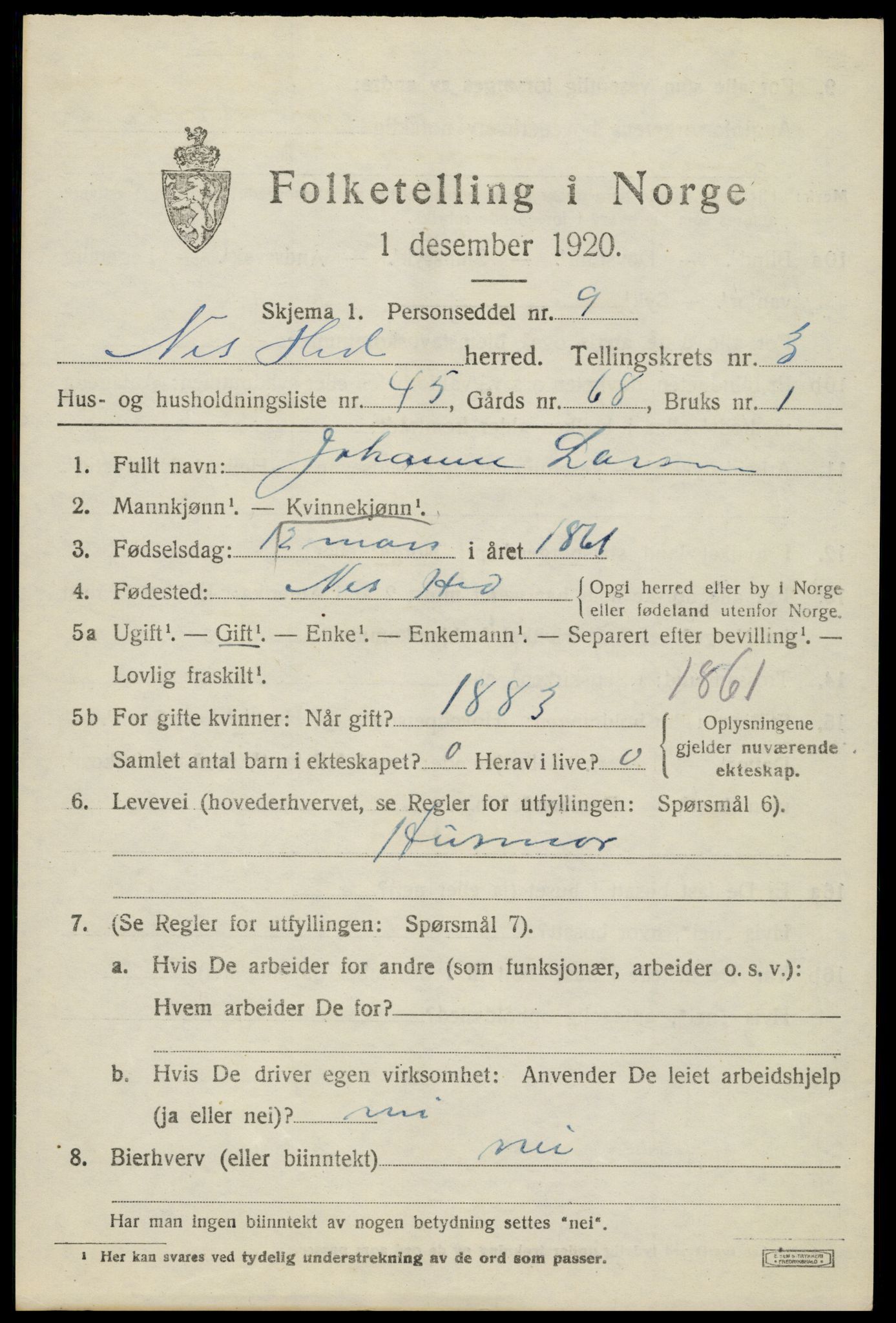 SAH, 1920 census for Nes (Hedmark), 1920, p. 5068