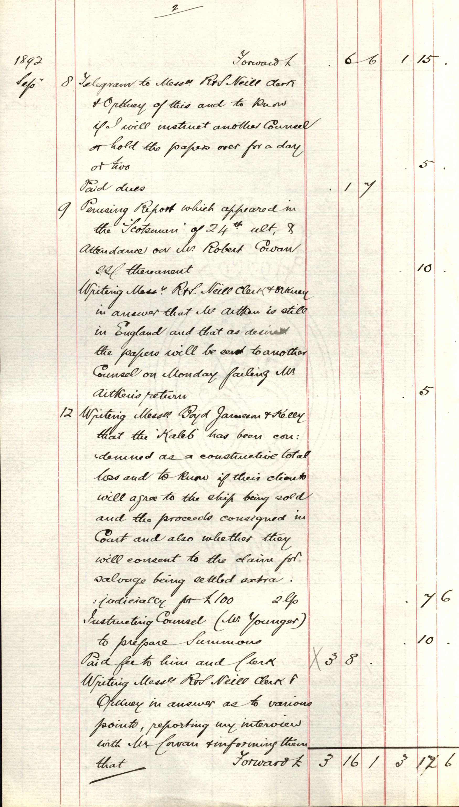 Pa 63 - Østlandske skibsassuranceforening, VEMU/A-1079/G/Ga/L0028/0001: Havaridokumenter / Kaleb, Cuba, Agra, Bertha, Olaf, 1892, p. 2