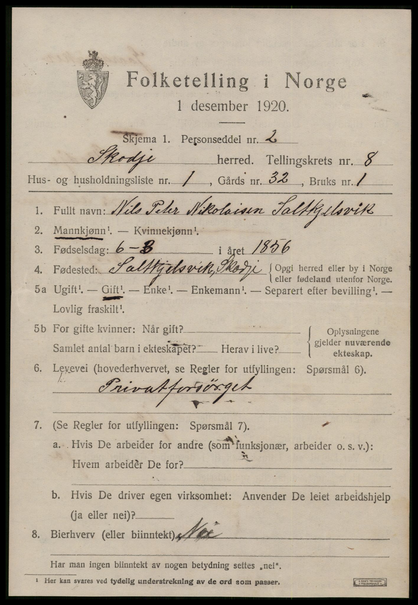 SAT, 1920 census for Skodje, 1920, p. 3469