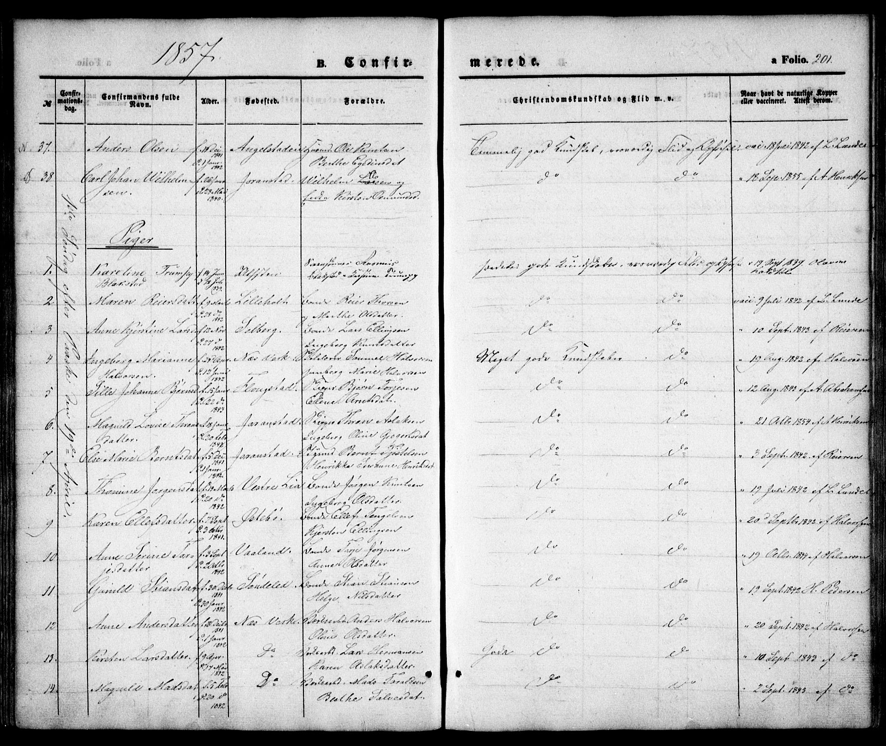 Holt sokneprestkontor, AV/SAK-1111-0021/F/Fa/L0008: Parish register (official) no. A 8, 1849-1860, p. 201