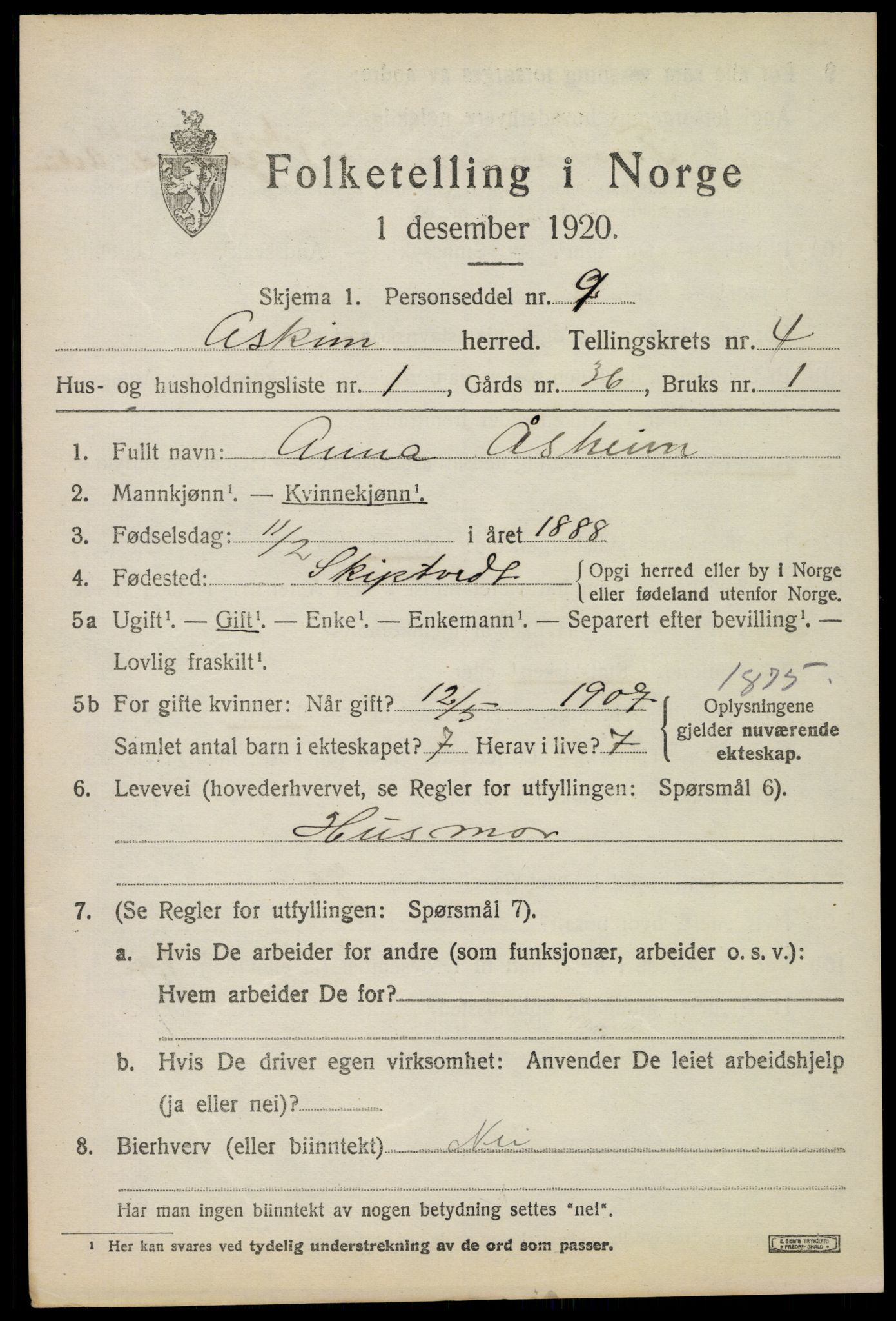 SAO, 1920 census for Askim, 1920, p. 7987