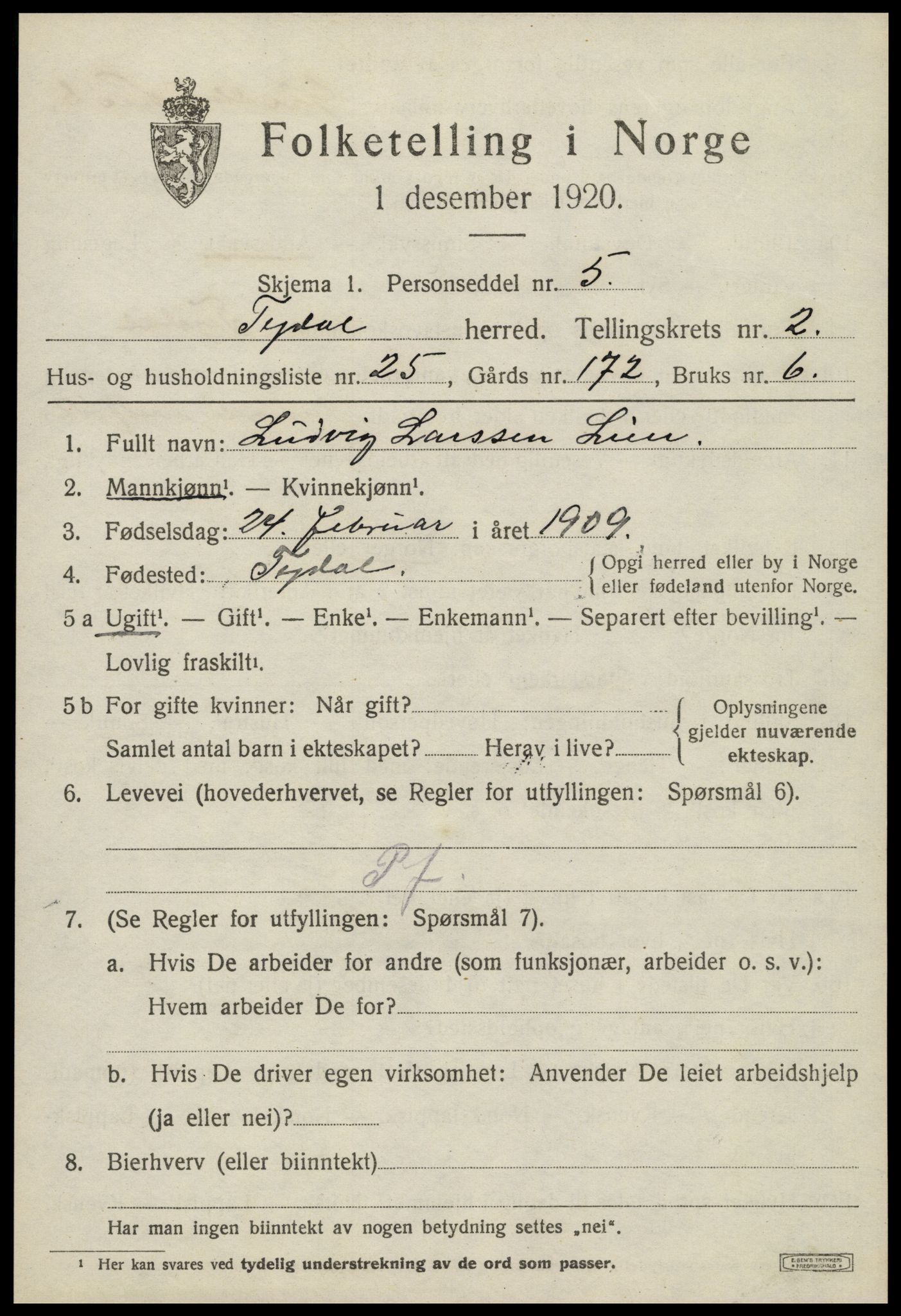 SAT, 1920 census for Tydal, 1920, p. 865