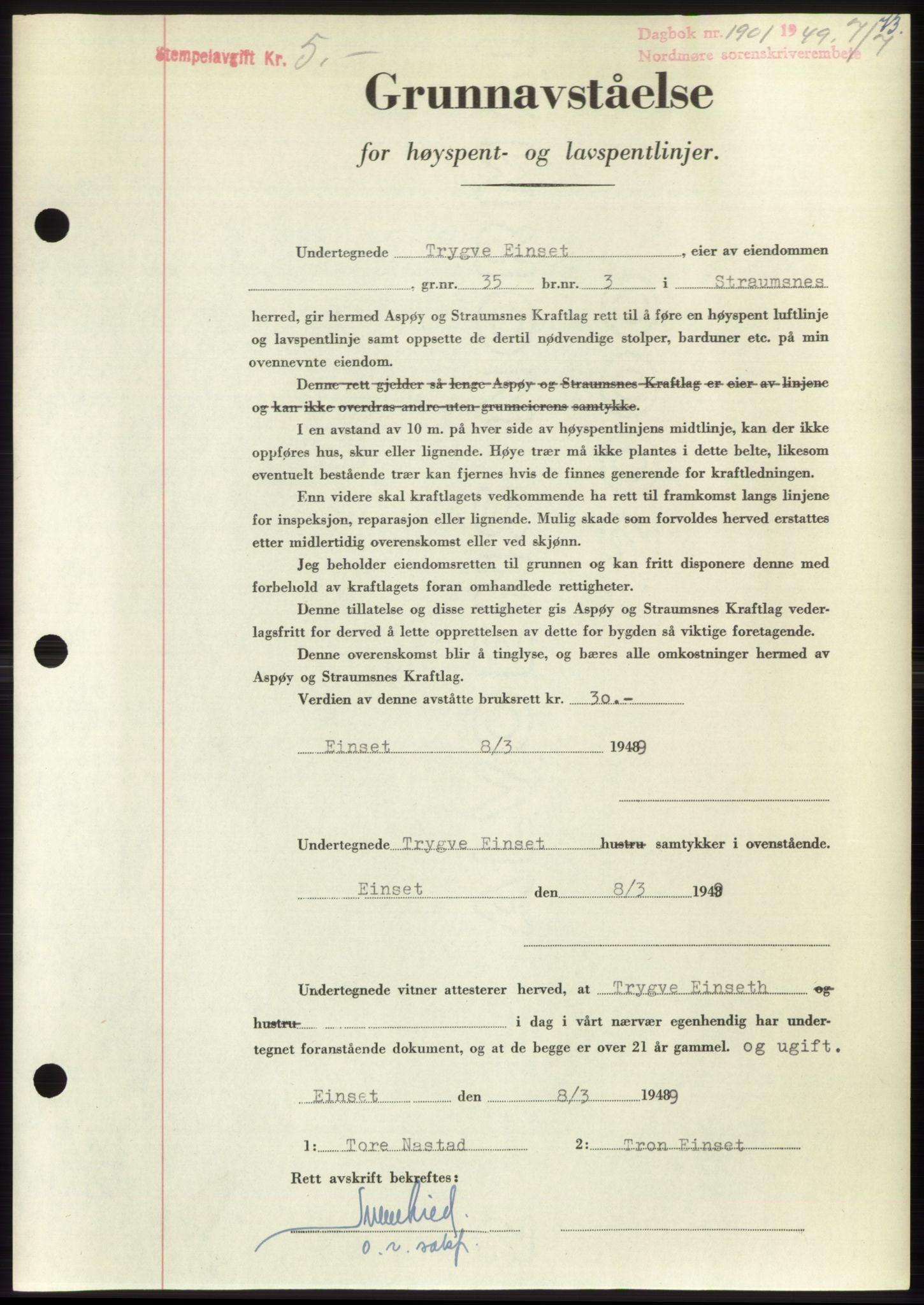 Nordmøre sorenskriveri, AV/SAT-A-4132/1/2/2Ca: Mortgage book no. B102, 1949-1949, Diary no: : 1901/1949