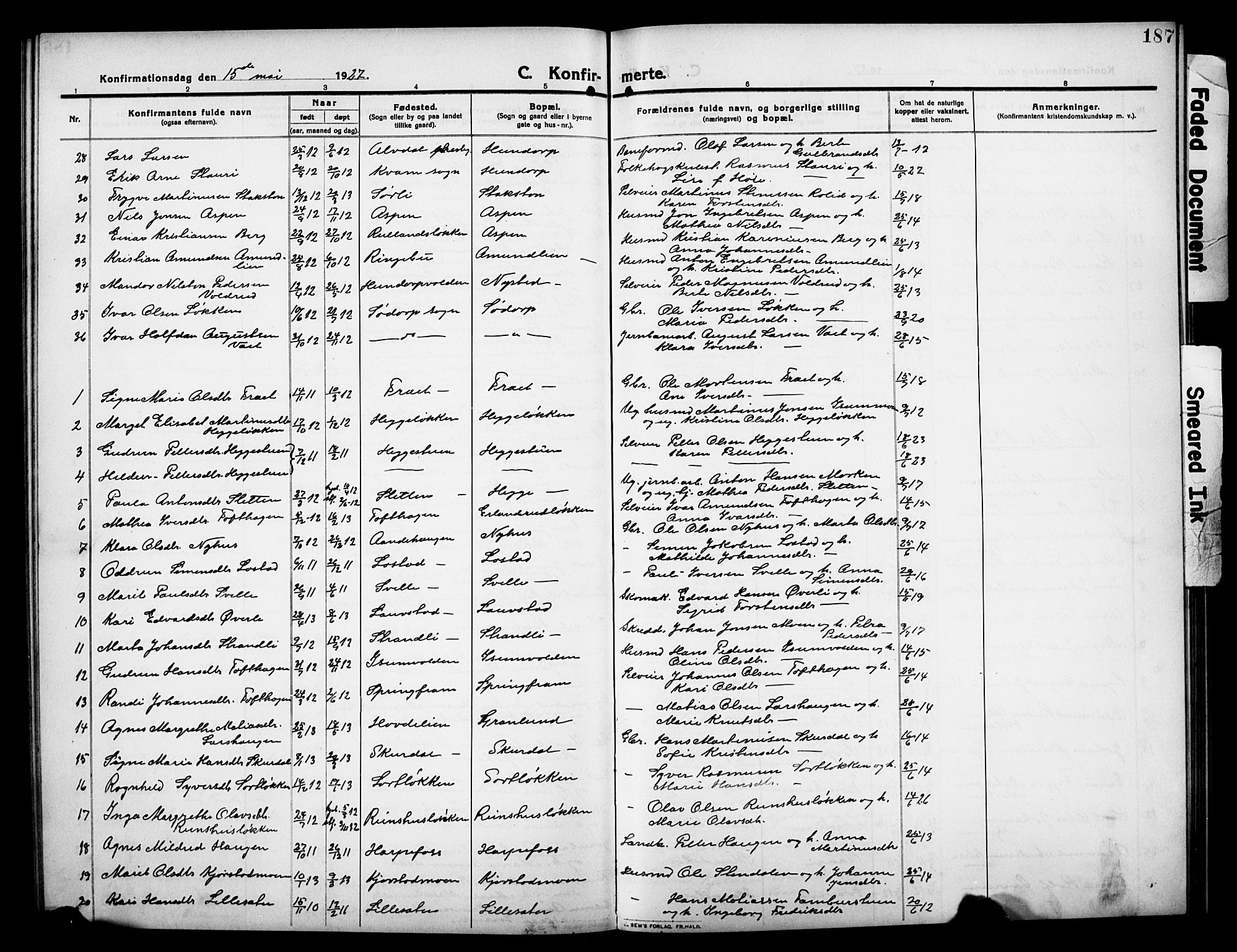 Sør-Fron prestekontor, AV/SAH-PREST-010/H/Ha/Hab/L0005: Parish register (copy) no. 5, 1912-1930, p. 187
