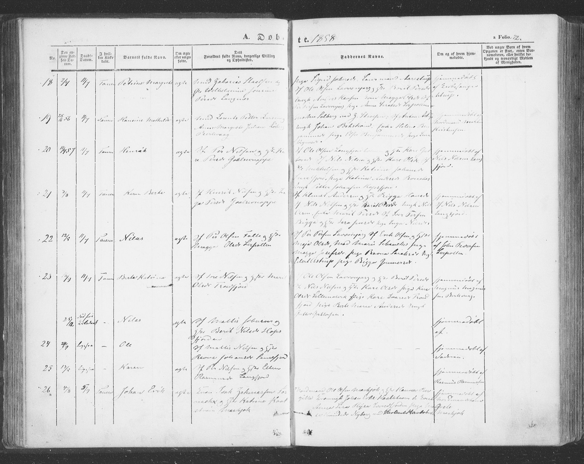 Tana sokneprestkontor, AV/SATØ-S-1334/H/Ha/L0001kirke: Parish register (official) no. 1, 1846-1861, p. 72