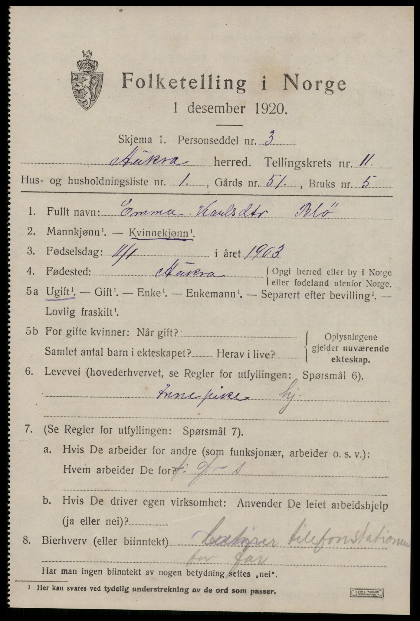 SAT, 1920 census for Aukra, 1920, p. 5133