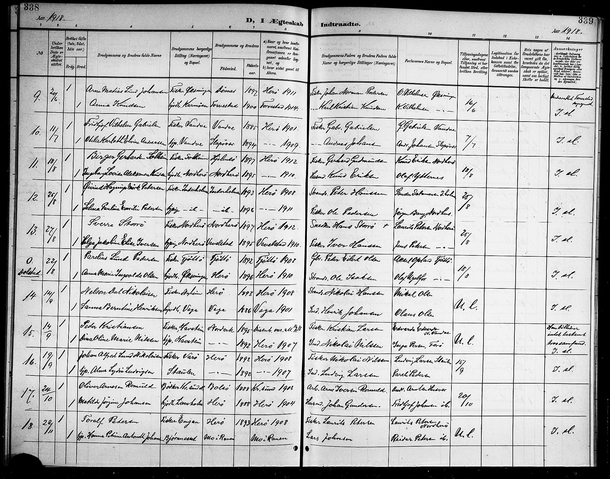 Ministerialprotokoller, klokkerbøker og fødselsregistre - Nordland, AV/SAT-A-1459/834/L0516: Parish register (copy) no. 834C06, 1902-1918, p. 338-339