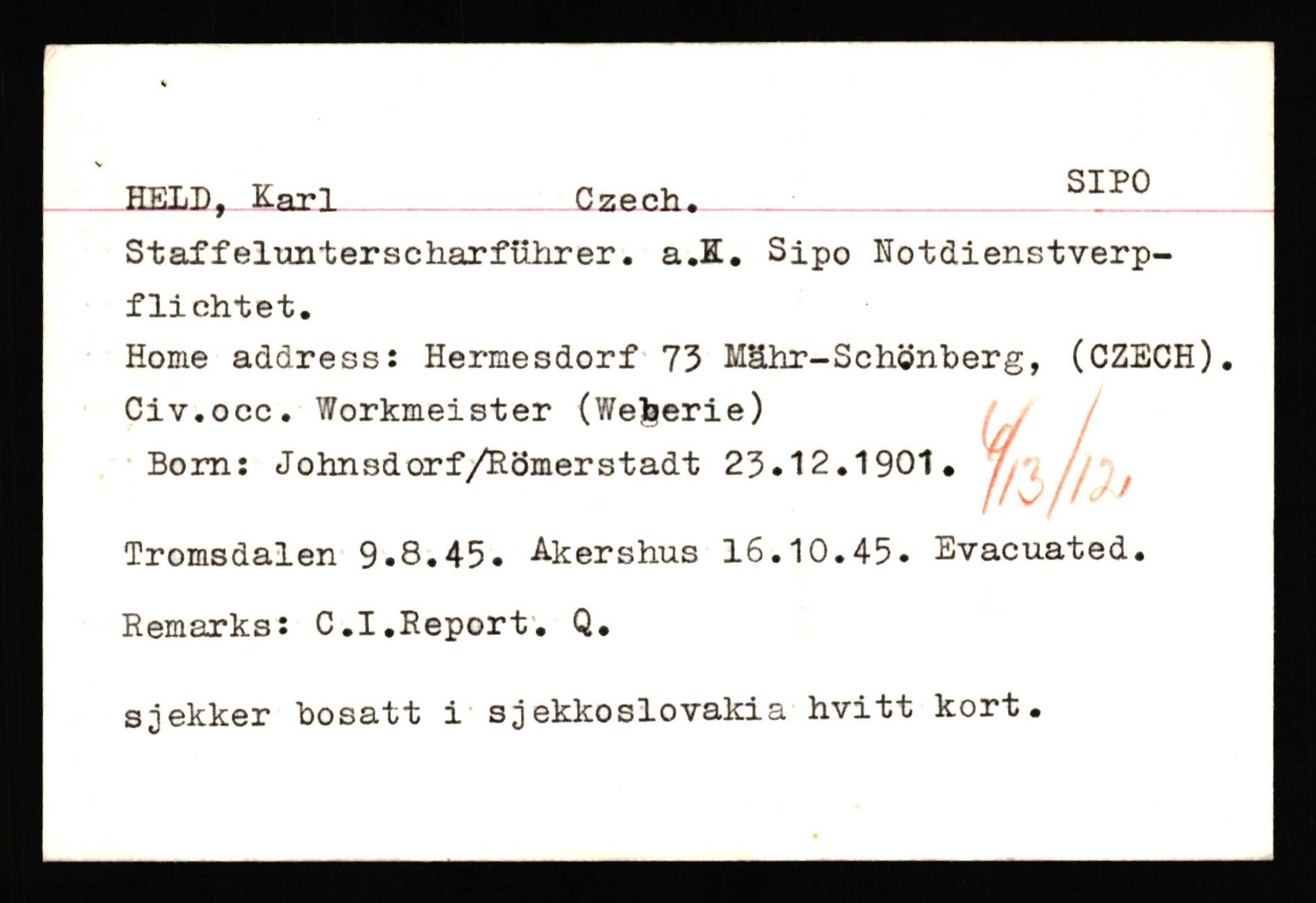 Forsvaret, Forsvarets overkommando II, RA/RAFA-3915/D/Db/L0041: CI Questionaires.  Diverse nasjonaliteter., 1945-1946, p. 224