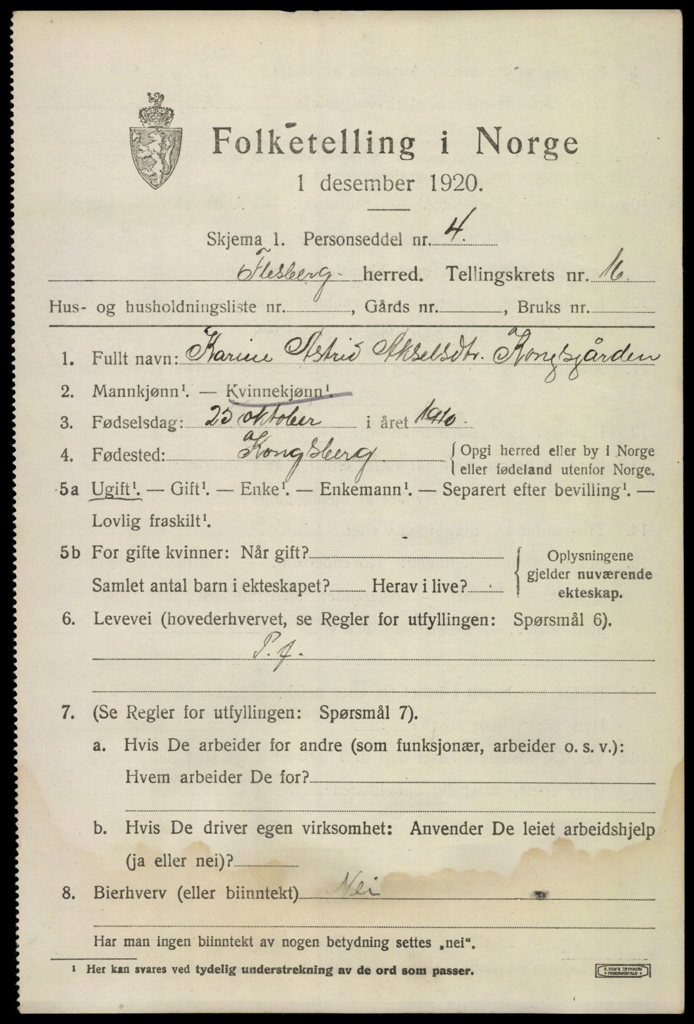 SAKO, 1920 census for Flesberg, 1920, p. 5167