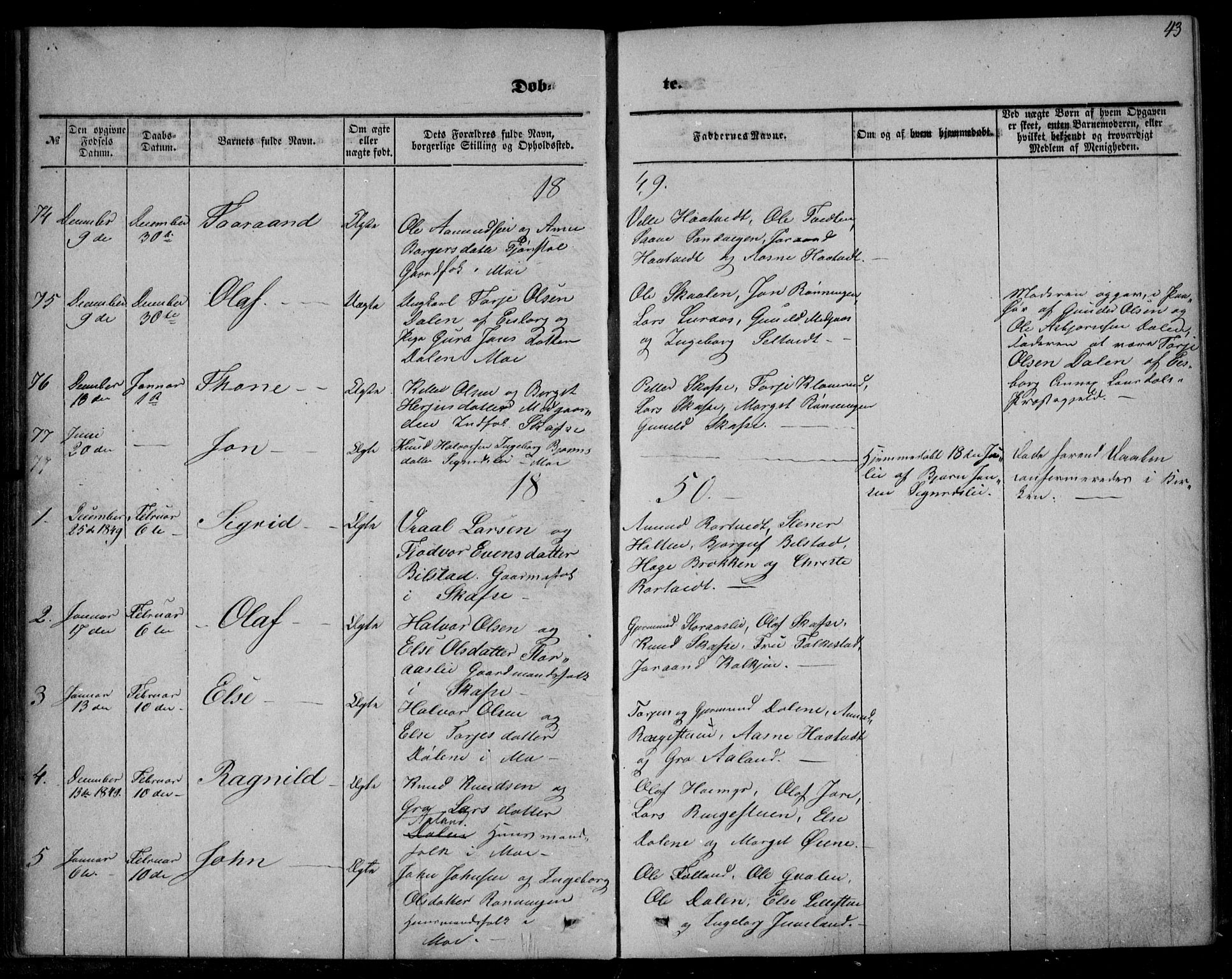 Mo kirkebøker, AV/SAKO-A-286/F/Fa/L0005: Parish register (official) no. I 5, 1844-1864, p. 43