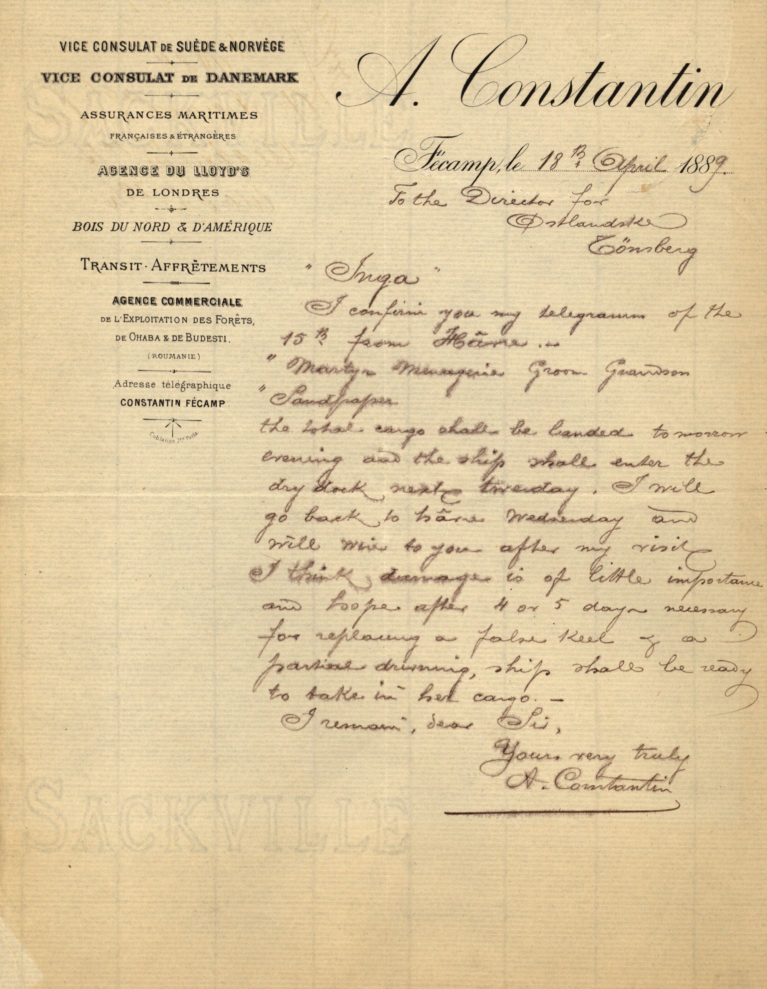 Pa 63 - Østlandske skibsassuranceforening, VEMU/A-1079/G/Ga/L0021/0003: Havaridokumenter / Inga av Drammen, Inga av Sandefjord, Primula, 1888-1889, p. 2