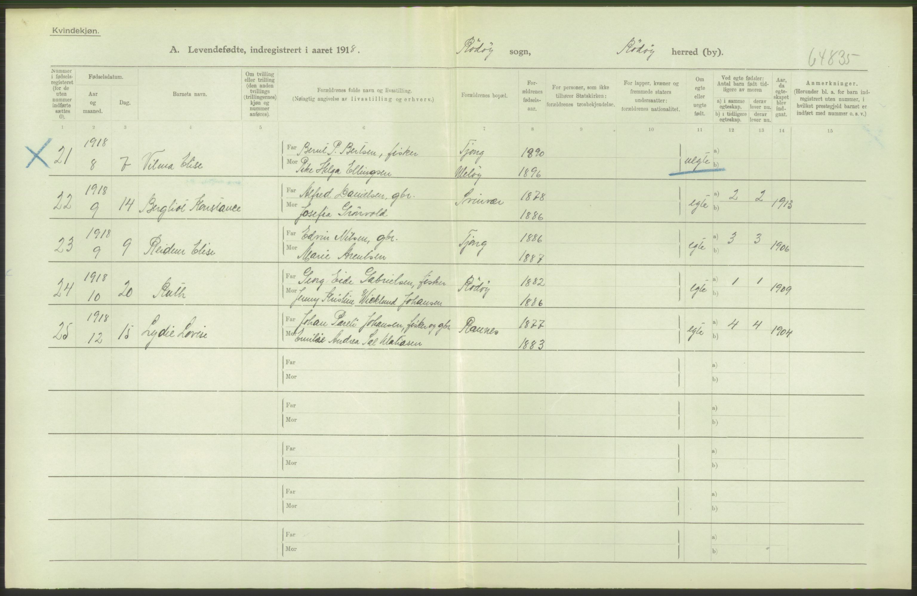 Statistisk sentralbyrå, Sosiodemografiske emner, Befolkning, AV/RA-S-2228/D/Df/Dfb/Dfbh/L0052: Nordland fylke: Levendefødte menn og kvinner. Bygder., 1918, p. 152