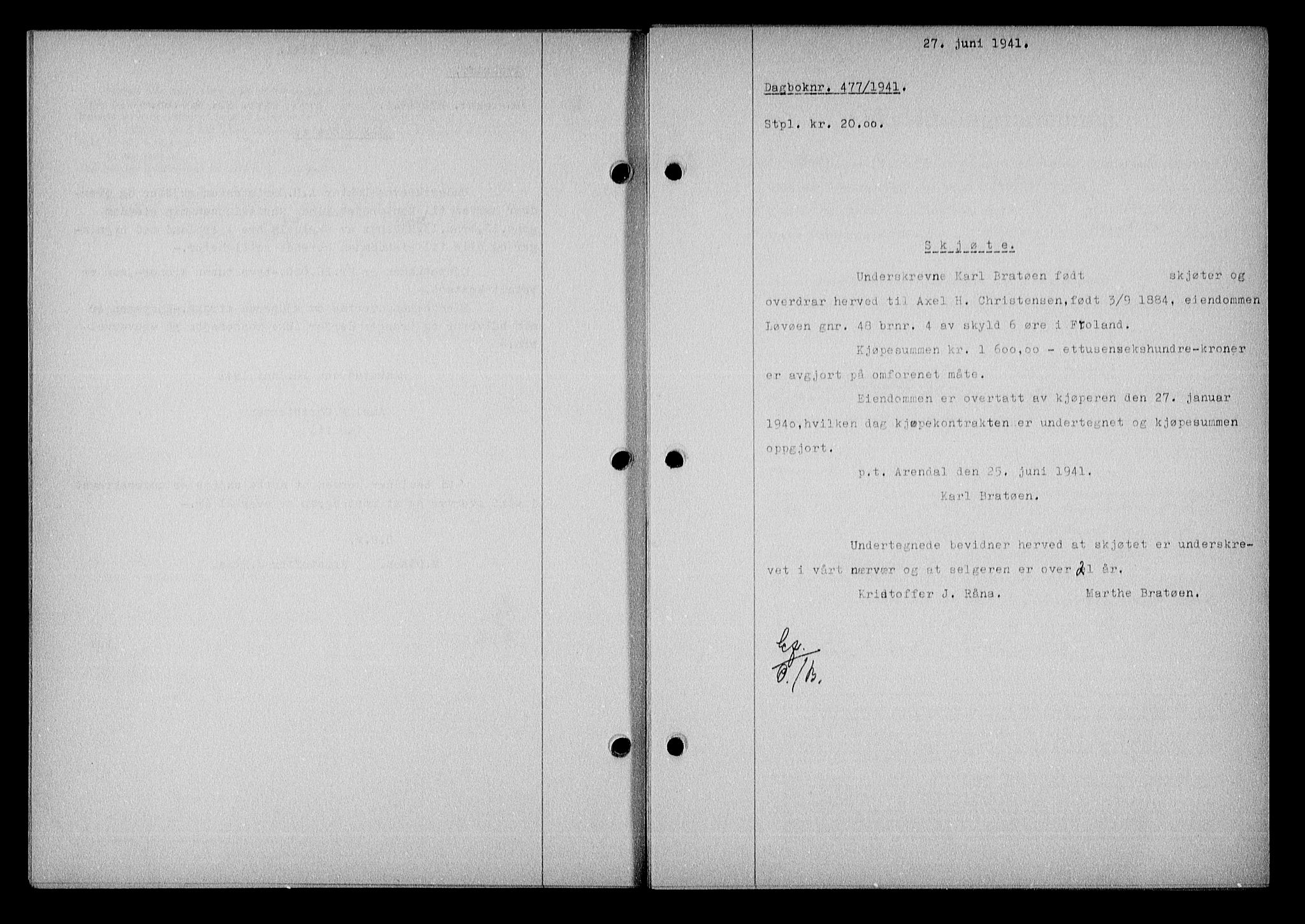 Nedenes sorenskriveri, SAK/1221-0006/G/Gb/Gba/L0048: Mortgage book no. A-II, 1940-1941, Diary no: : 477/1941