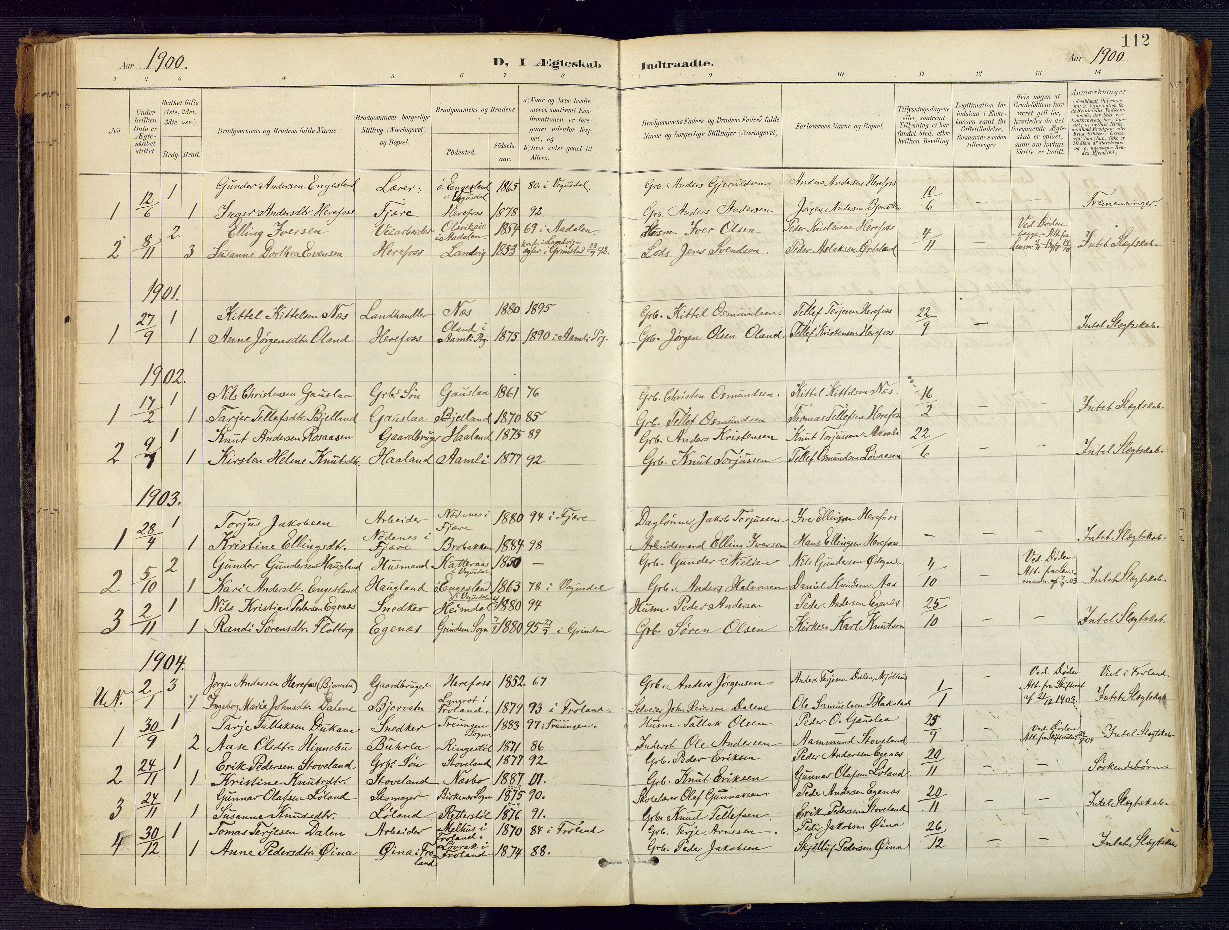 Herefoss sokneprestkontor, AV/SAK-1111-0019/F/Fa/Faa/L0003: Parish register (official) no. A 3, 1887-1930, p. 112