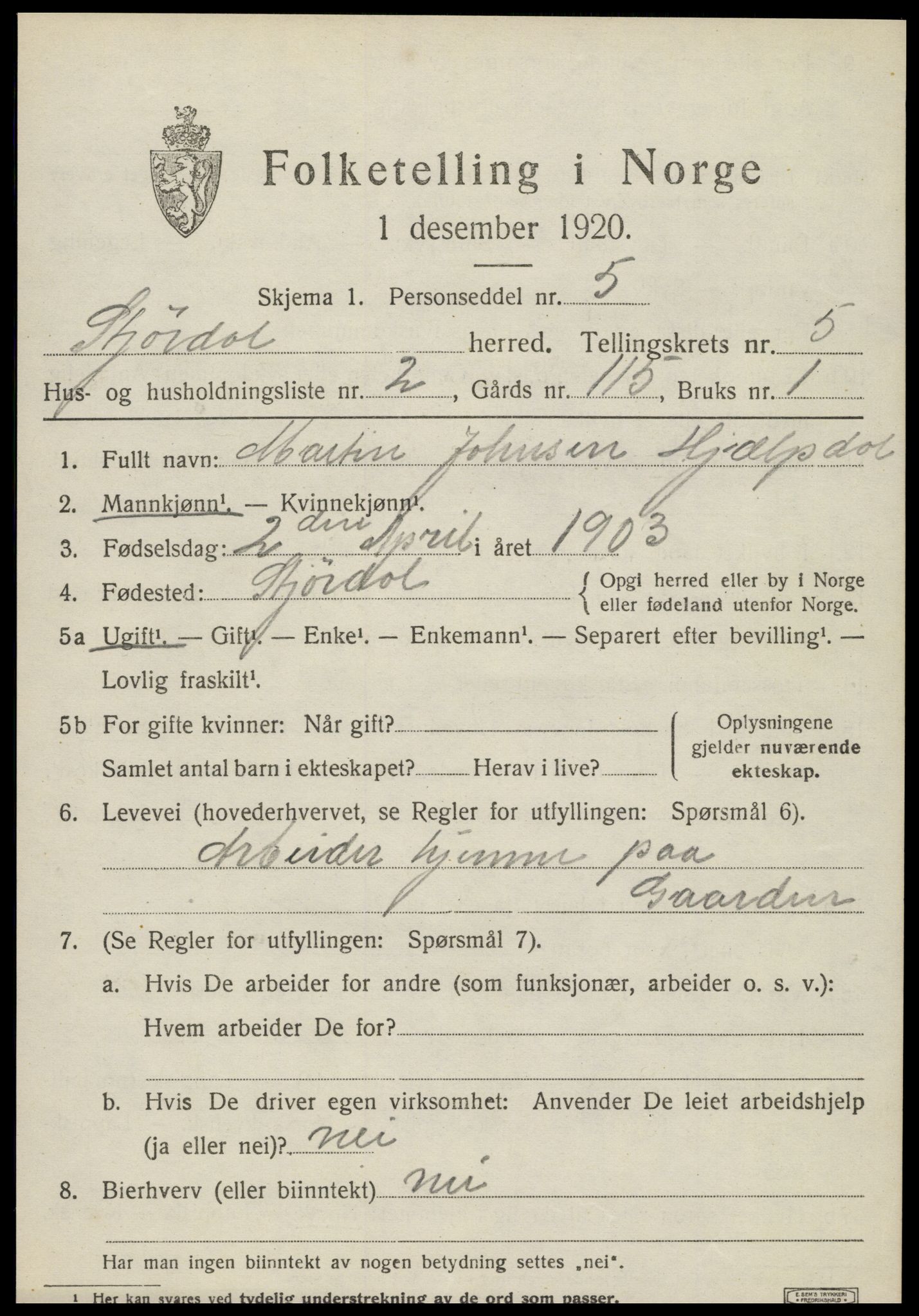 SAT, 1920 census for Stjørdal, 1920, p. 6010