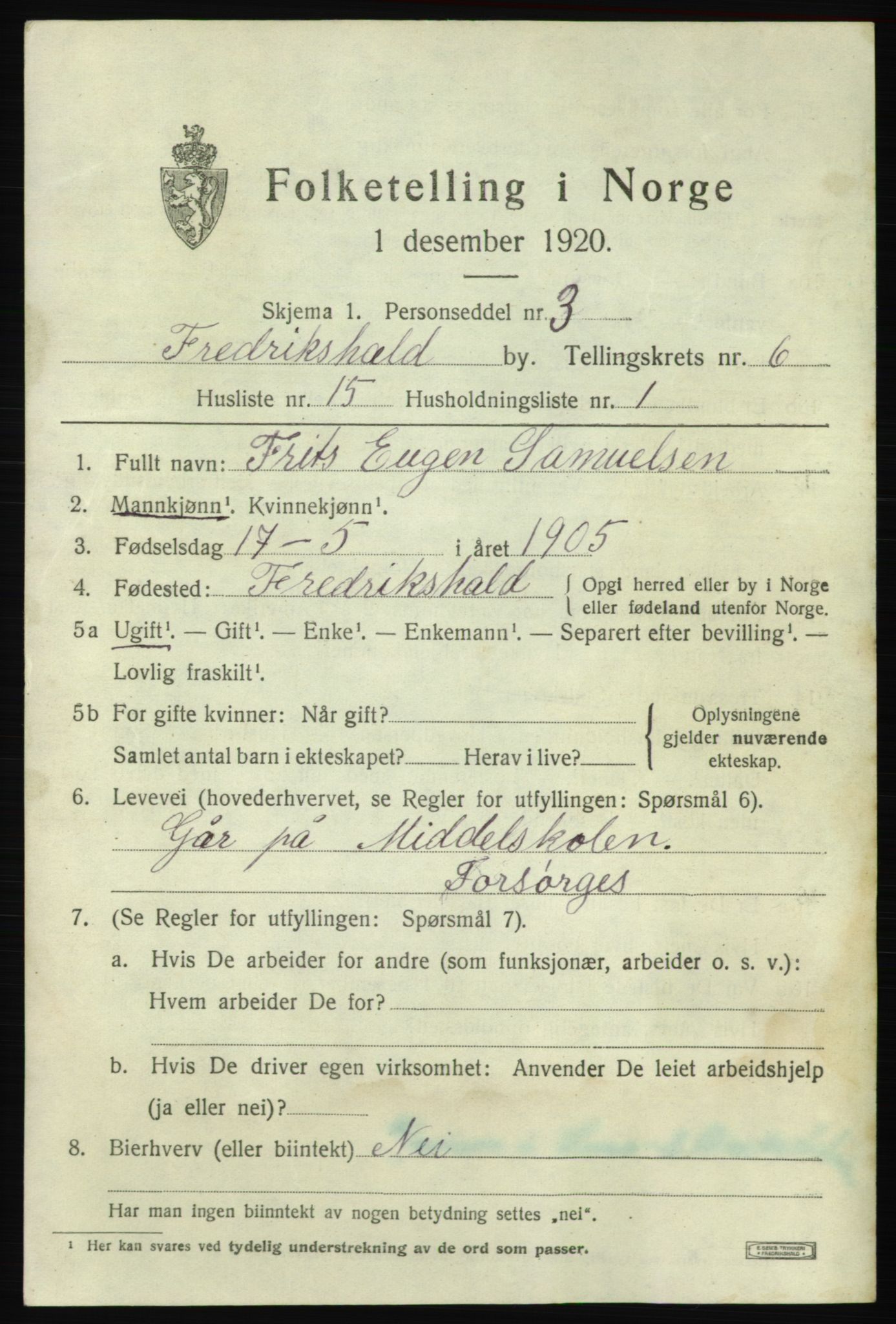 SAO, 1920 census for Fredrikshald, 1920, p. 13278