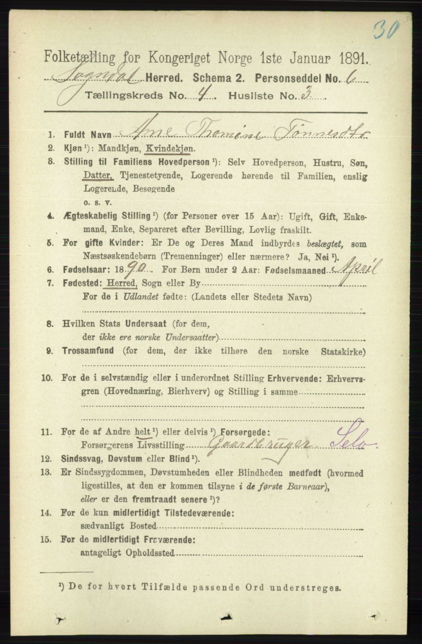 RA, 1891 census for 1111 Sokndal, 1891, p. 1014