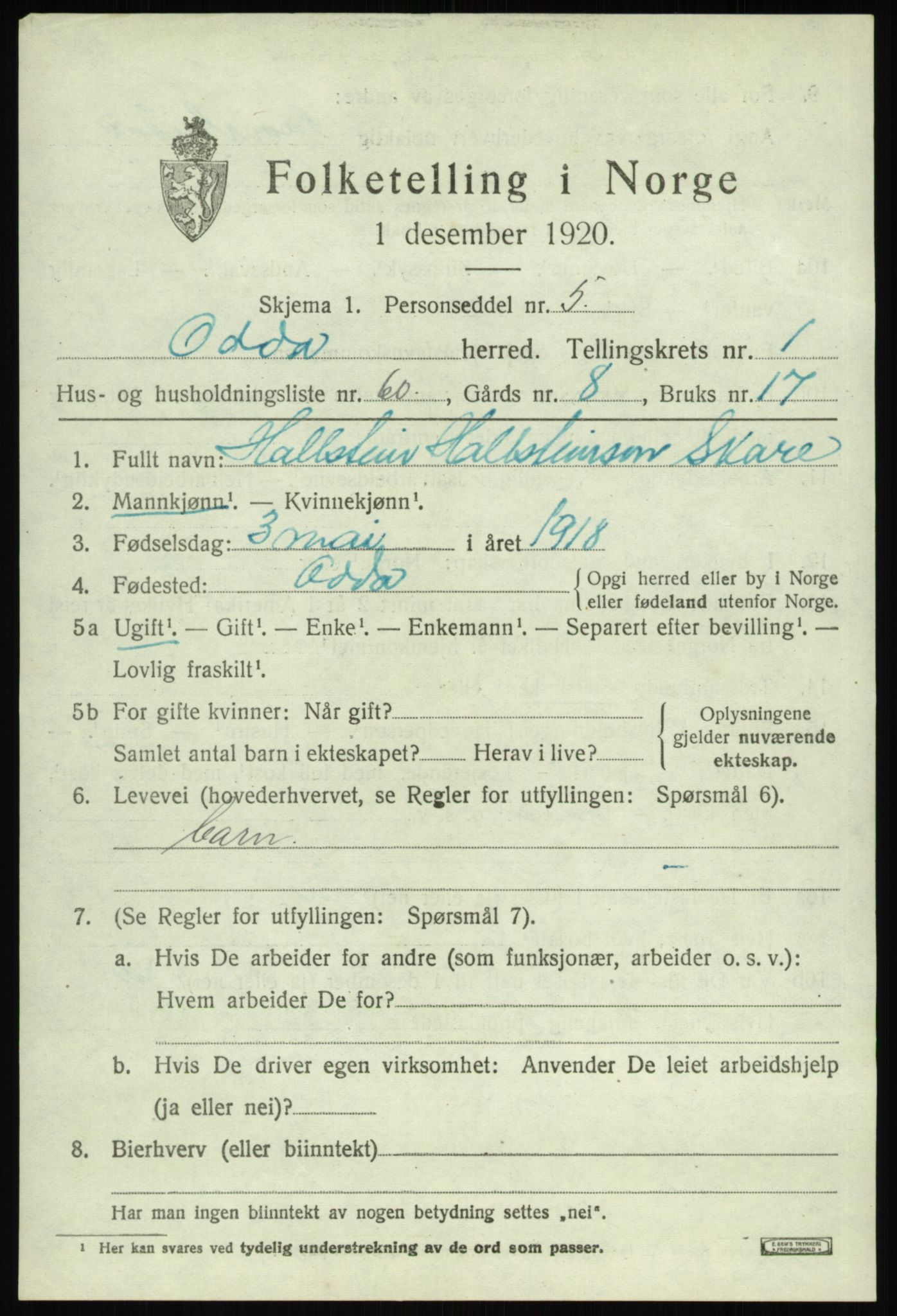 SAB, 1920 census for Odda, 1920, p. 1839