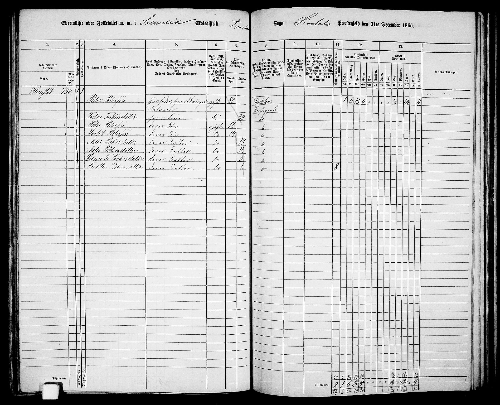 RA, 1865 census for Sirdal, 1865, p. 54