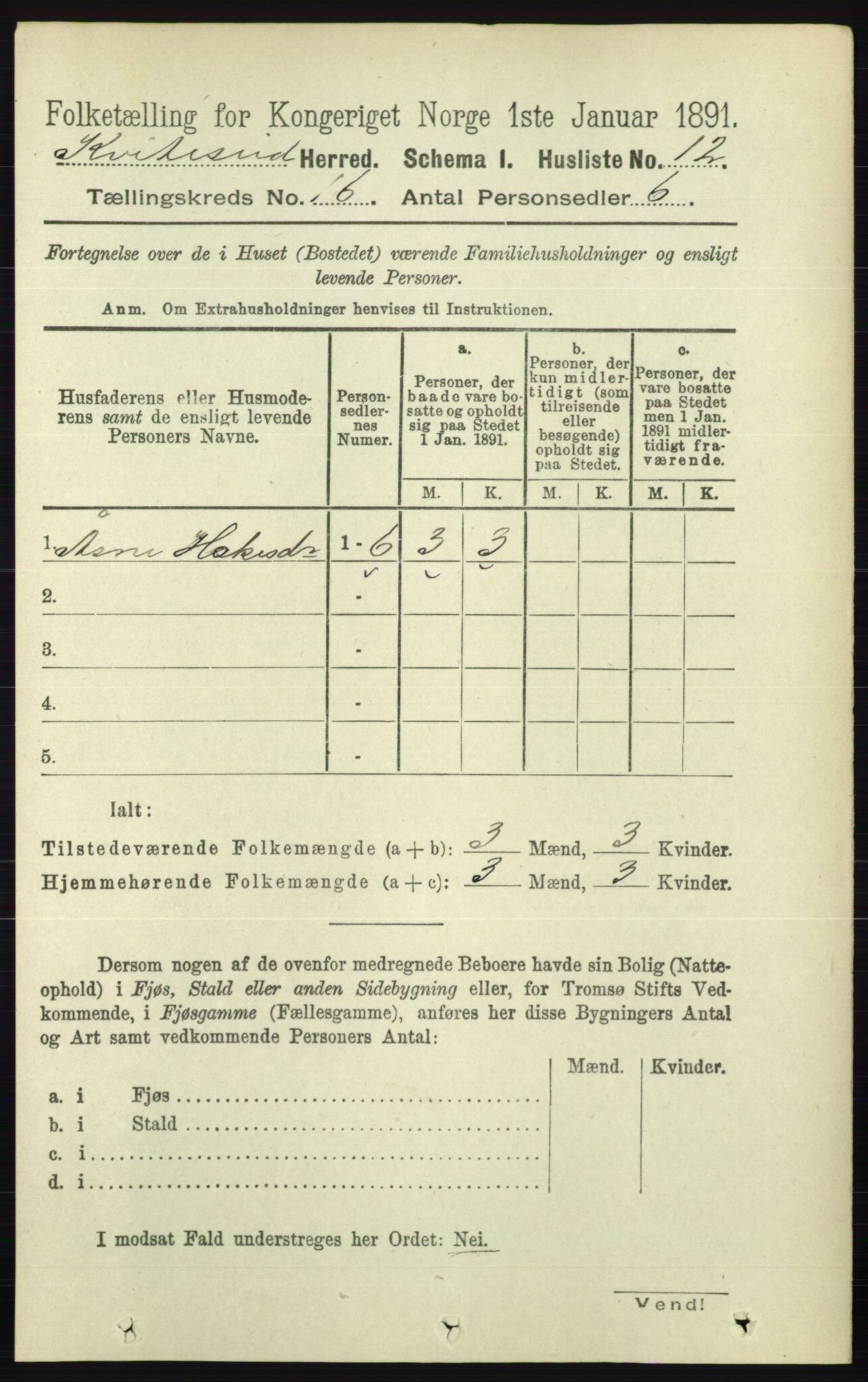 RA, 1891 census for 0829 Kviteseid, 1891, p. 3624