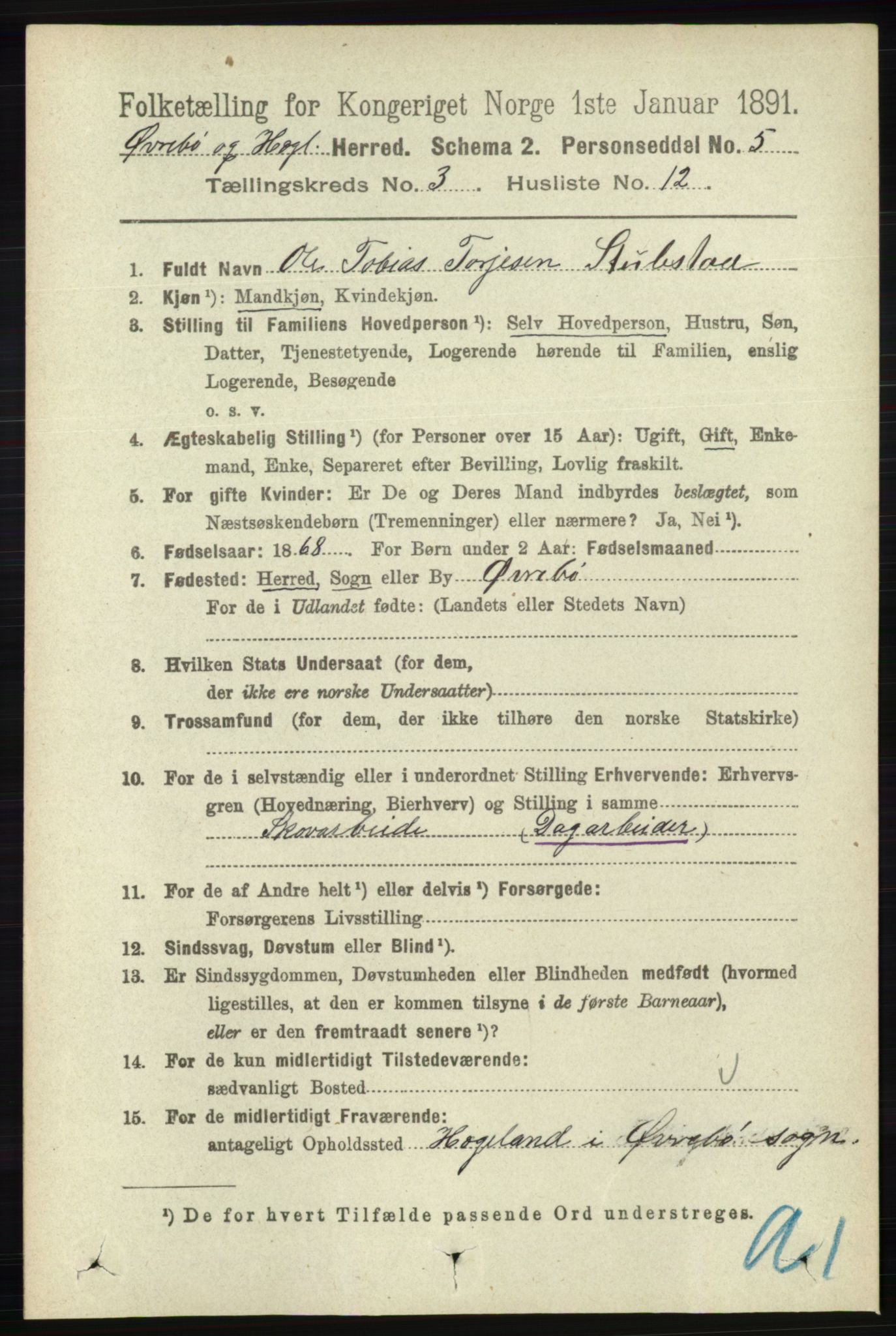 RA, 1891 census for 1016 Øvrebø og Hægeland, 1891, p. 588