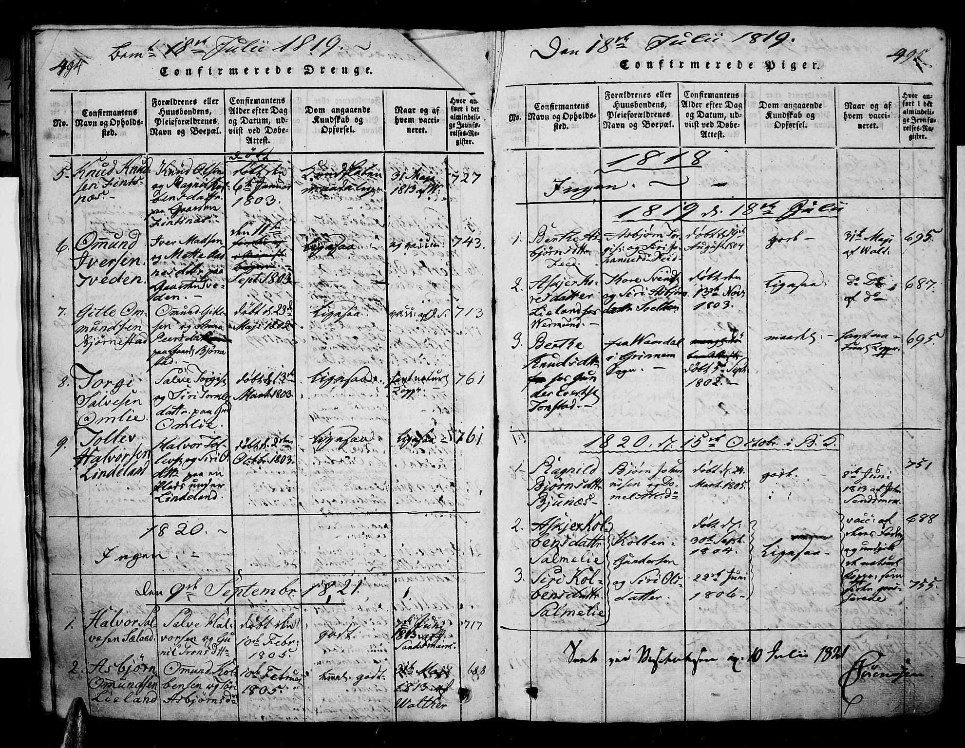 Sirdal sokneprestkontor, AV/SAK-1111-0036/F/Fa/Fab/L0001: Parish register (official) no. A 1, 1815-1834, p. 494-495