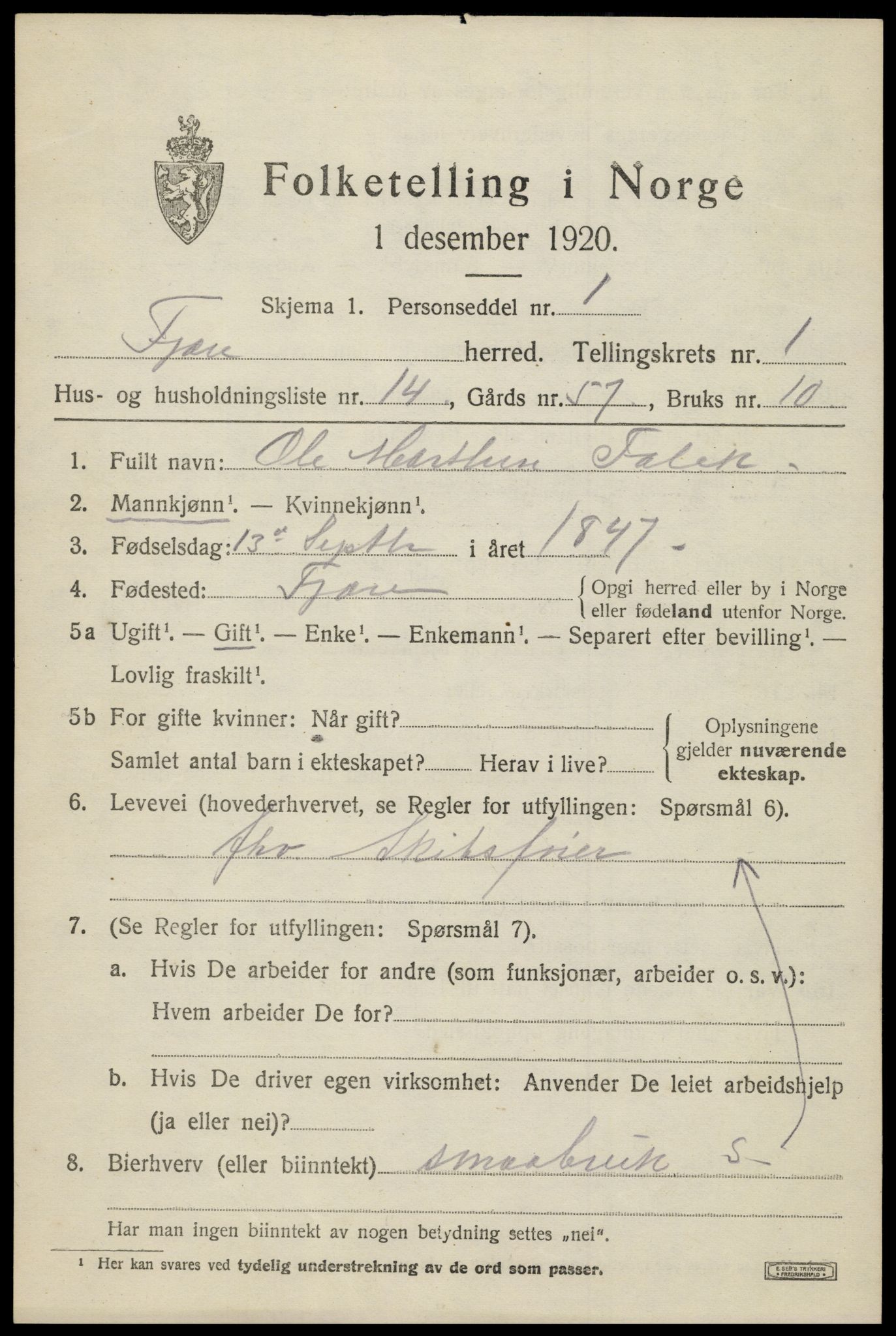 SAK, 1920 census for Fjære, 1920, p. 2317