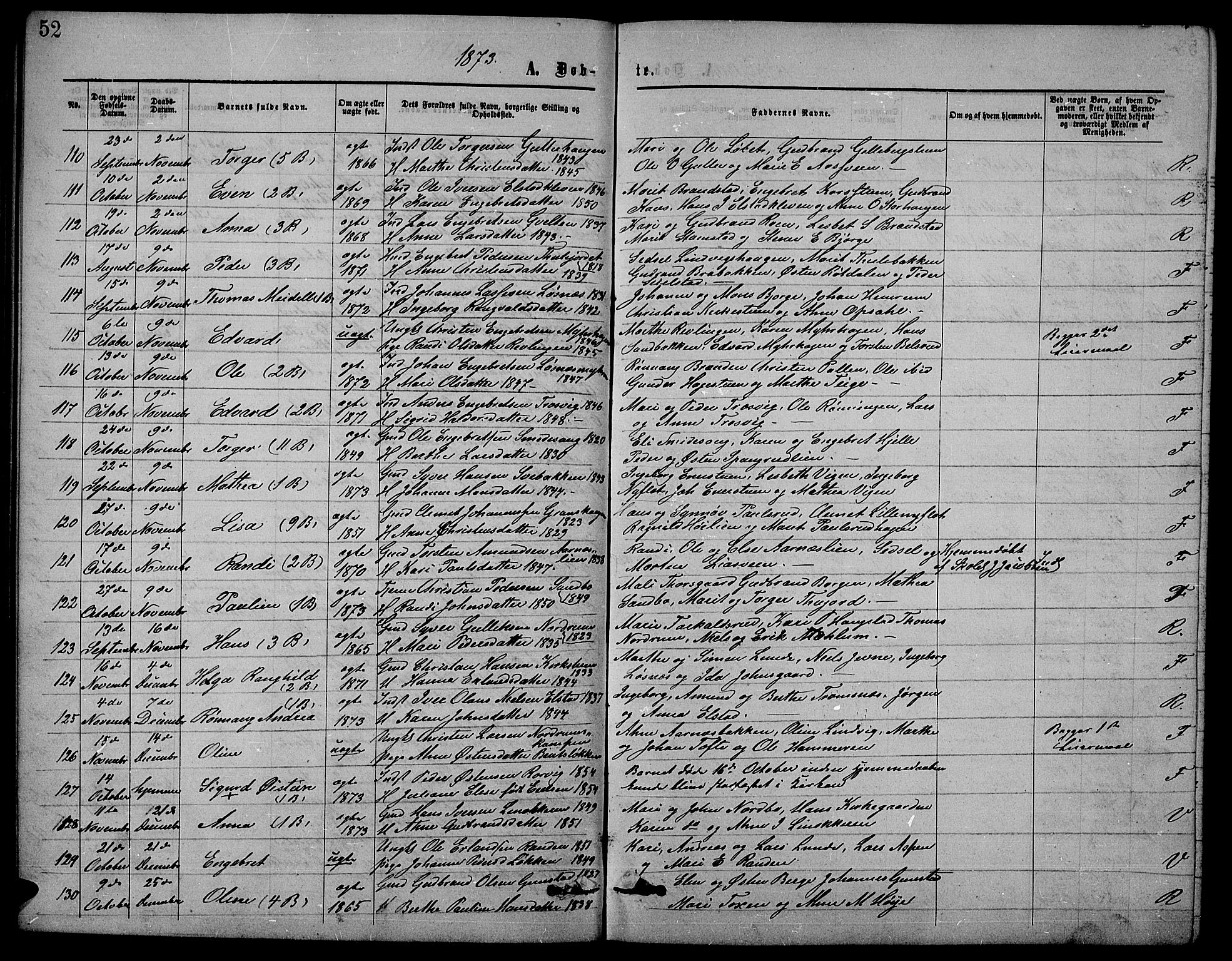 Ringebu prestekontor, SAH/PREST-082/H/Ha/Hab/L0004: Parish register (copy) no. 4, 1867-1879, p. 52