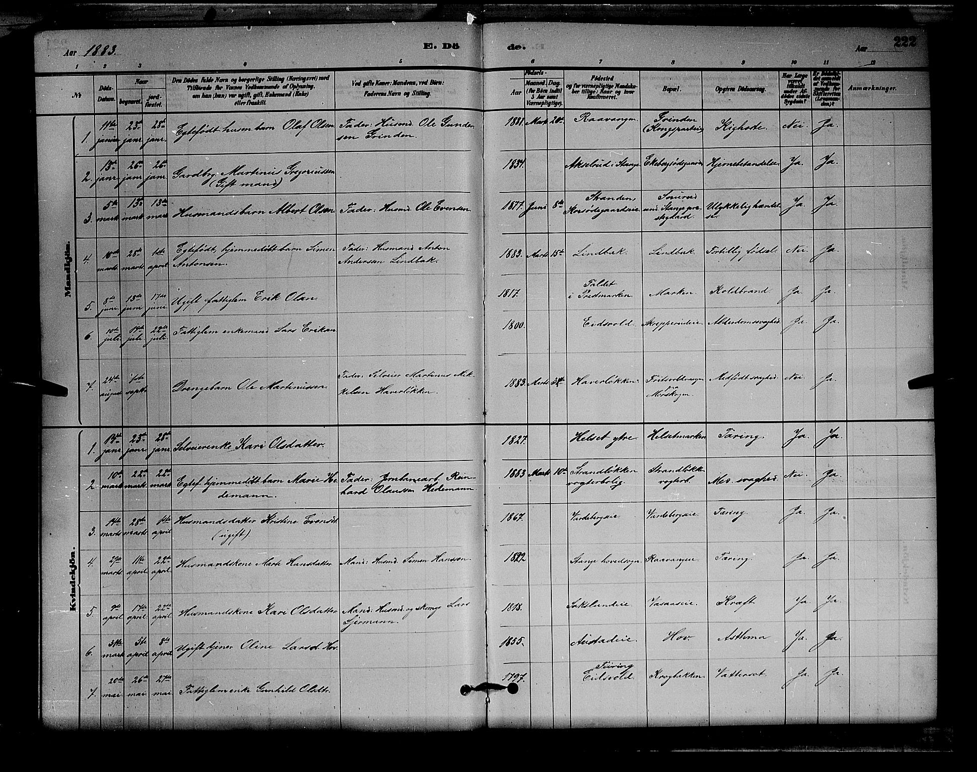 Stange prestekontor, SAH/PREST-002/L/L0008: Parish register (copy) no. 8, 1882-1895, p. 222