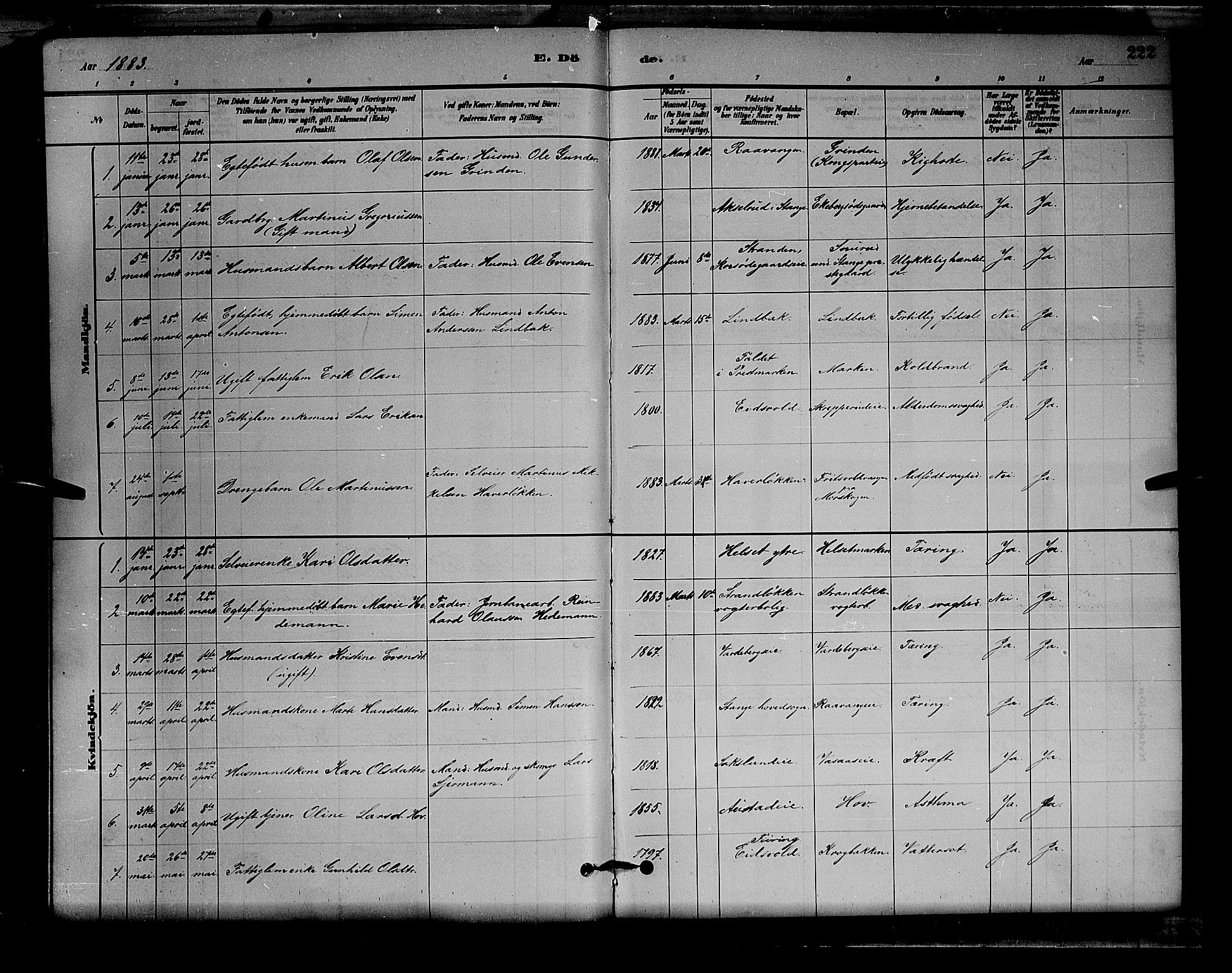 Stange prestekontor, AV/SAH-PREST-002/L/L0008: Parish register (copy) no. 8, 1882-1895, p. 222