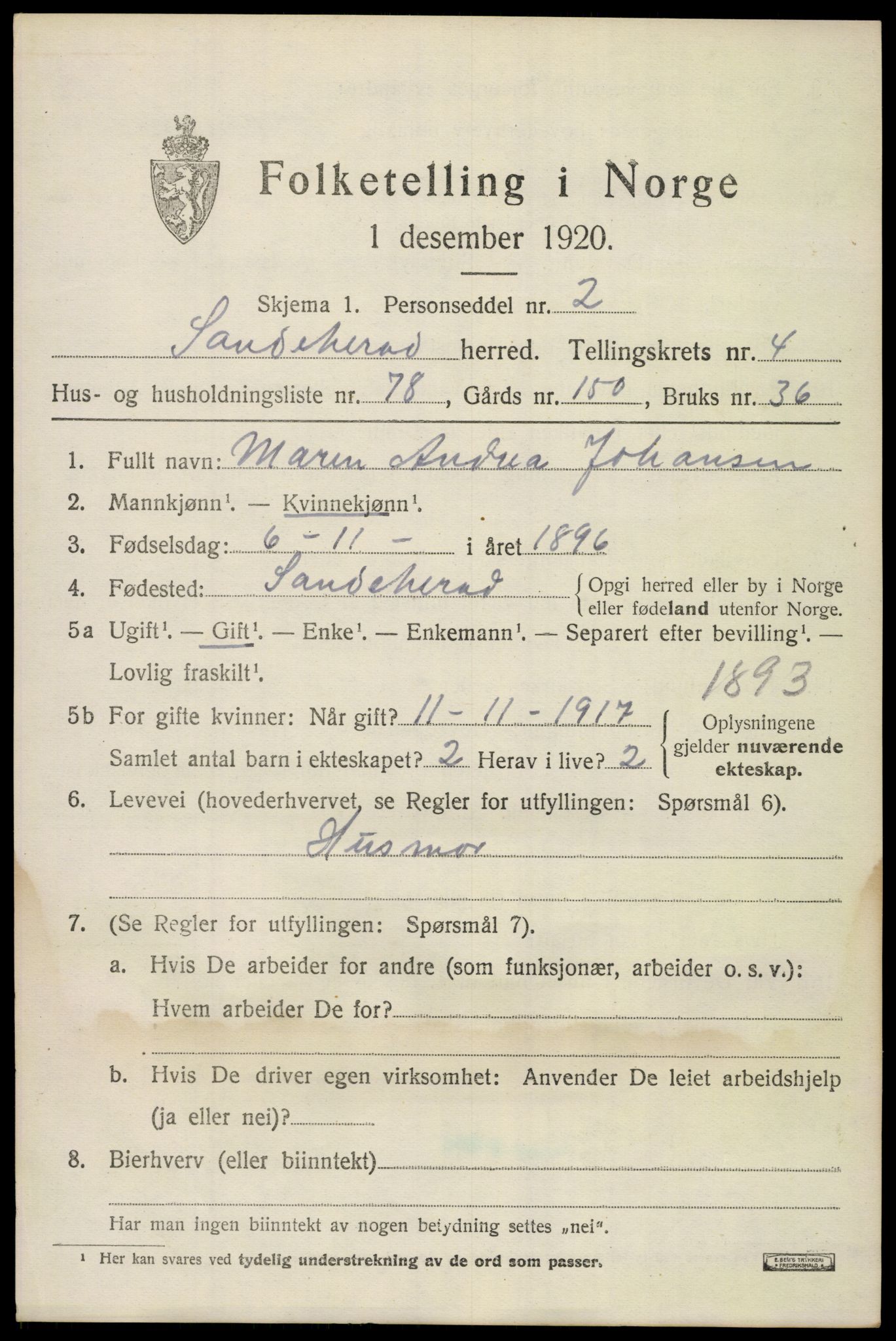 SAKO, 1920 census for Sandeherred, 1920, p. 7482