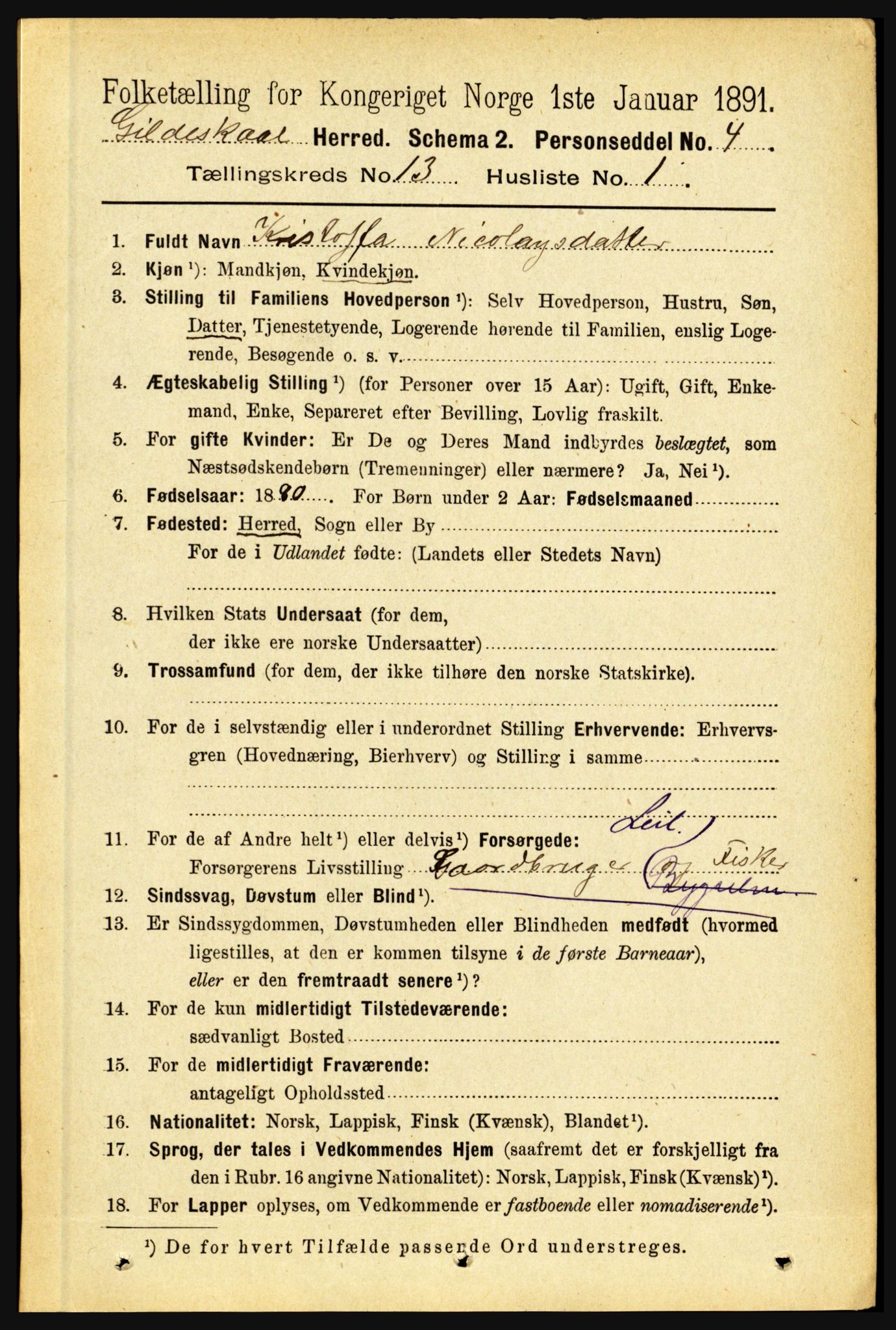 RA, 1891 census for 1838 Gildeskål, 1891, p. 4089