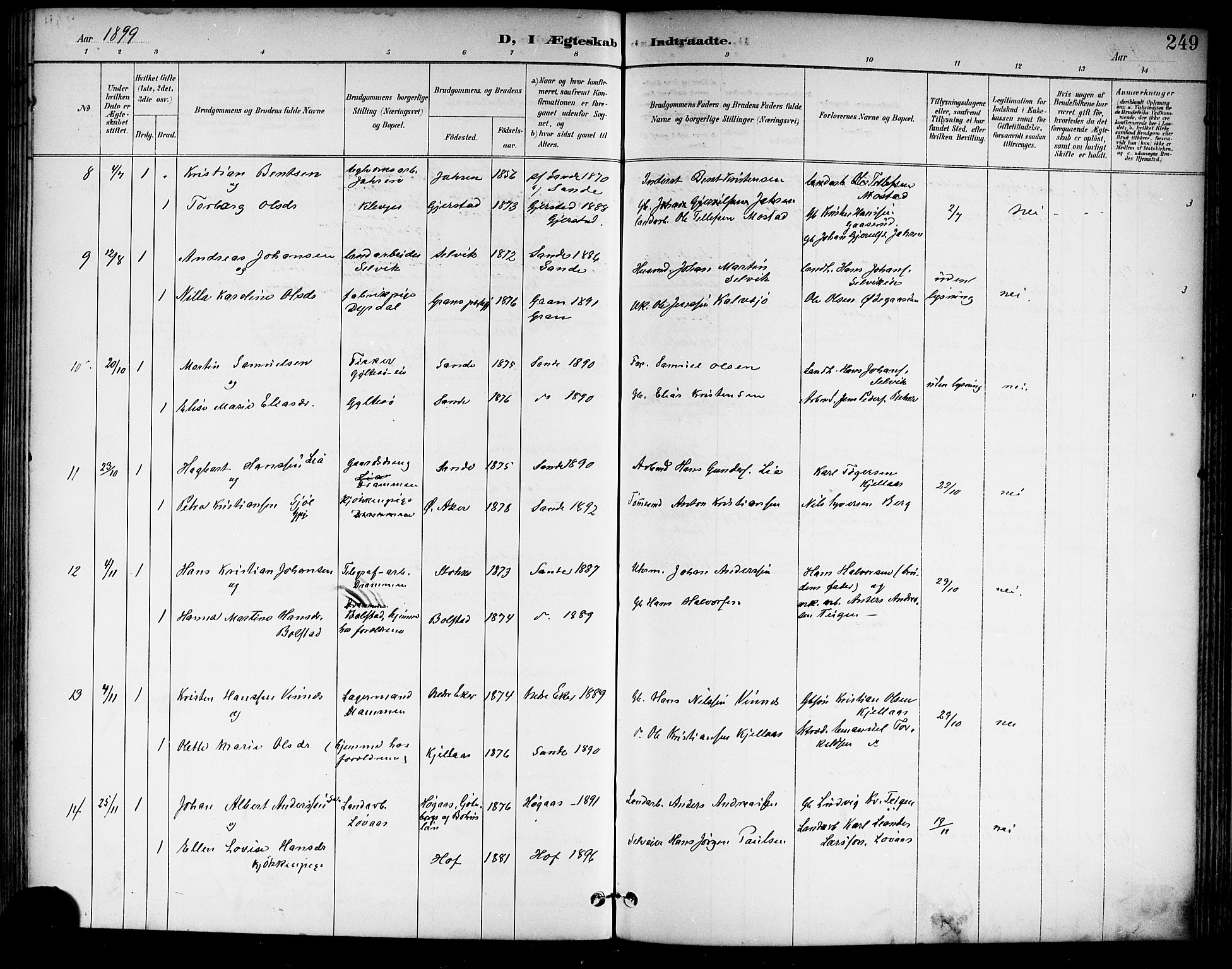 Sande Kirkebøker, AV/SAKO-A-53/G/Ga/L0004: Parish register (copy) no. 4, 1895-1918, p. 249