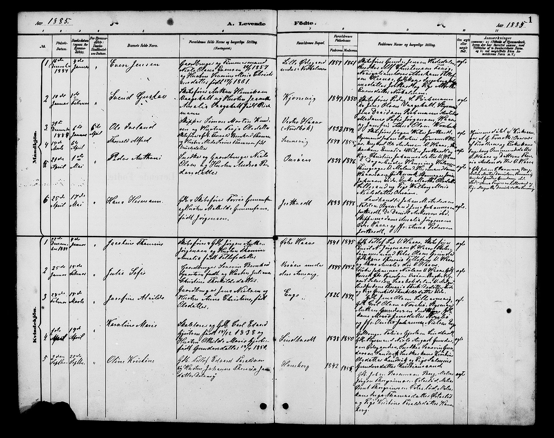 Hommedal sokneprestkontor, AV/SAK-1111-0023/F/Fb/Fba/L0004: Parish register (copy) no. B 4, 1885-1908, p. 1