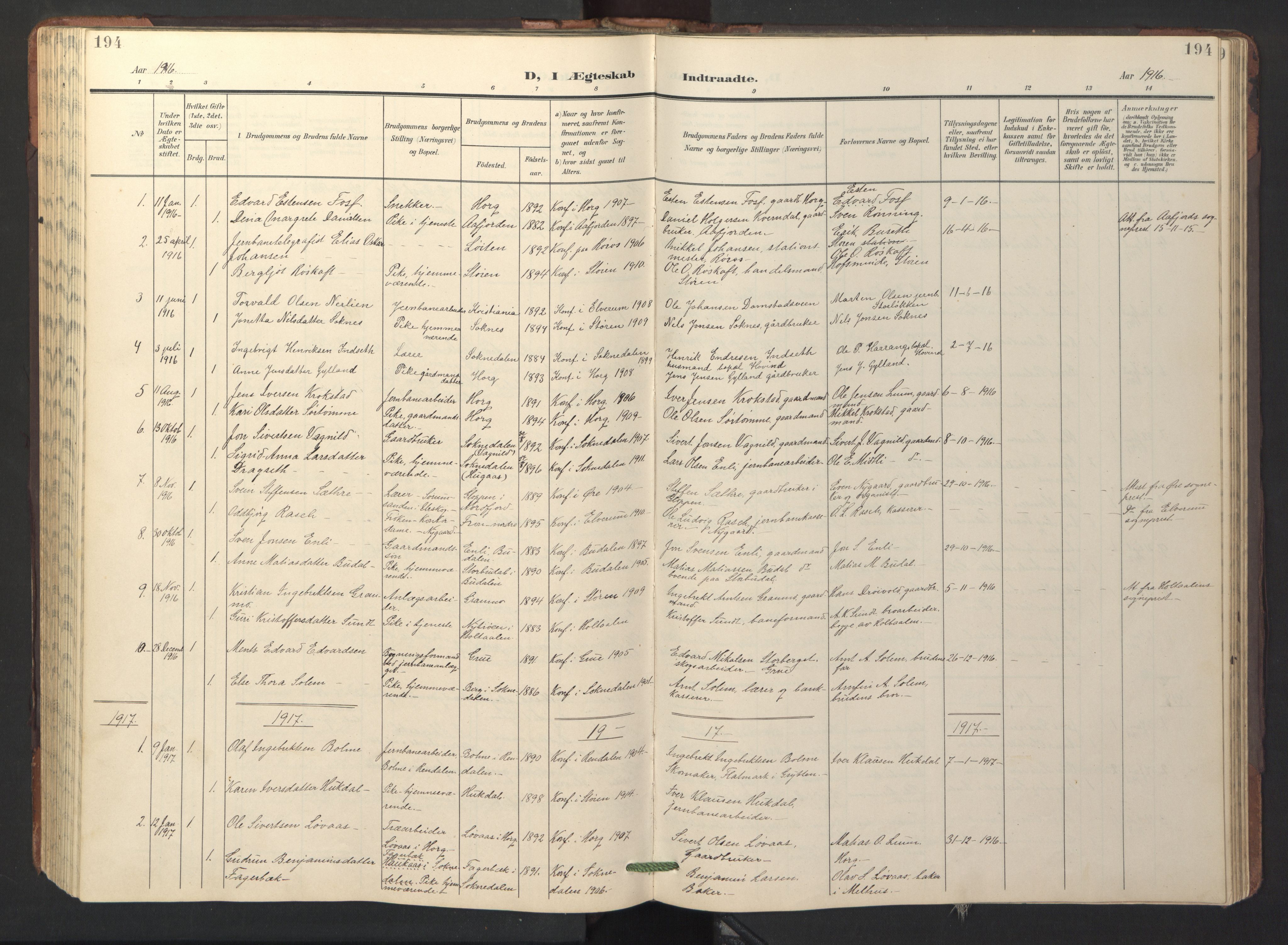 Ministerialprotokoller, klokkerbøker og fødselsregistre - Sør-Trøndelag, SAT/A-1456/687/L1019: Parish register (copy) no. 687C03, 1904-1931, p. 194