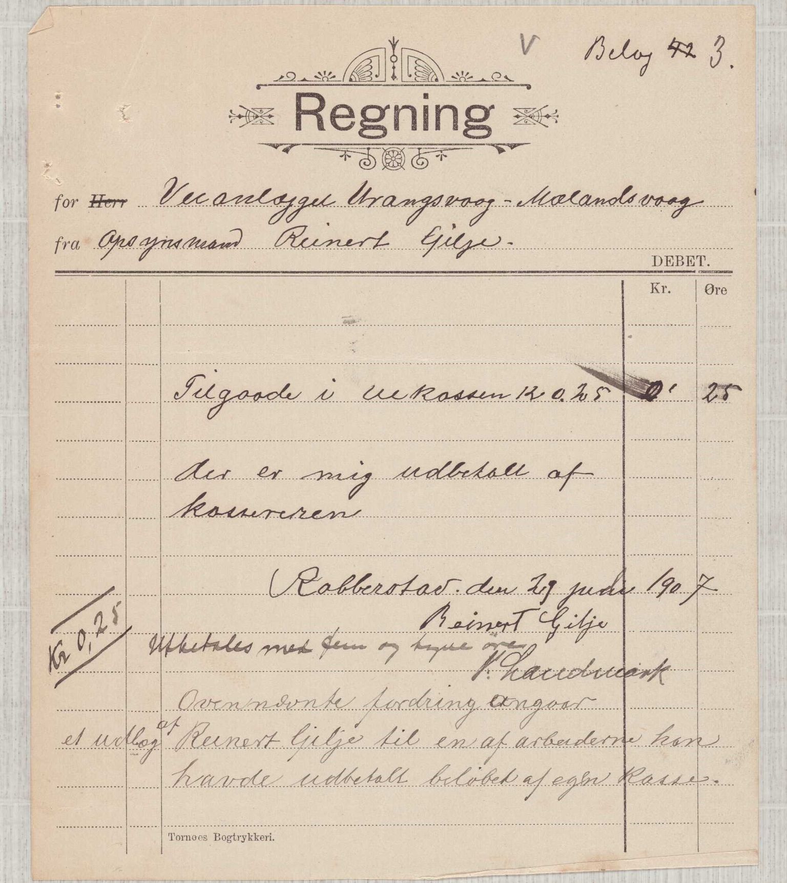 Finnaas kommune. Formannskapet, IKAH/1218a-021/E/Ea/L0002/0005: Rekneskap for veganlegg / Rekneskap for veganlegget Urangsvåg - Mælandsvåg, 1907-1909, p. 13