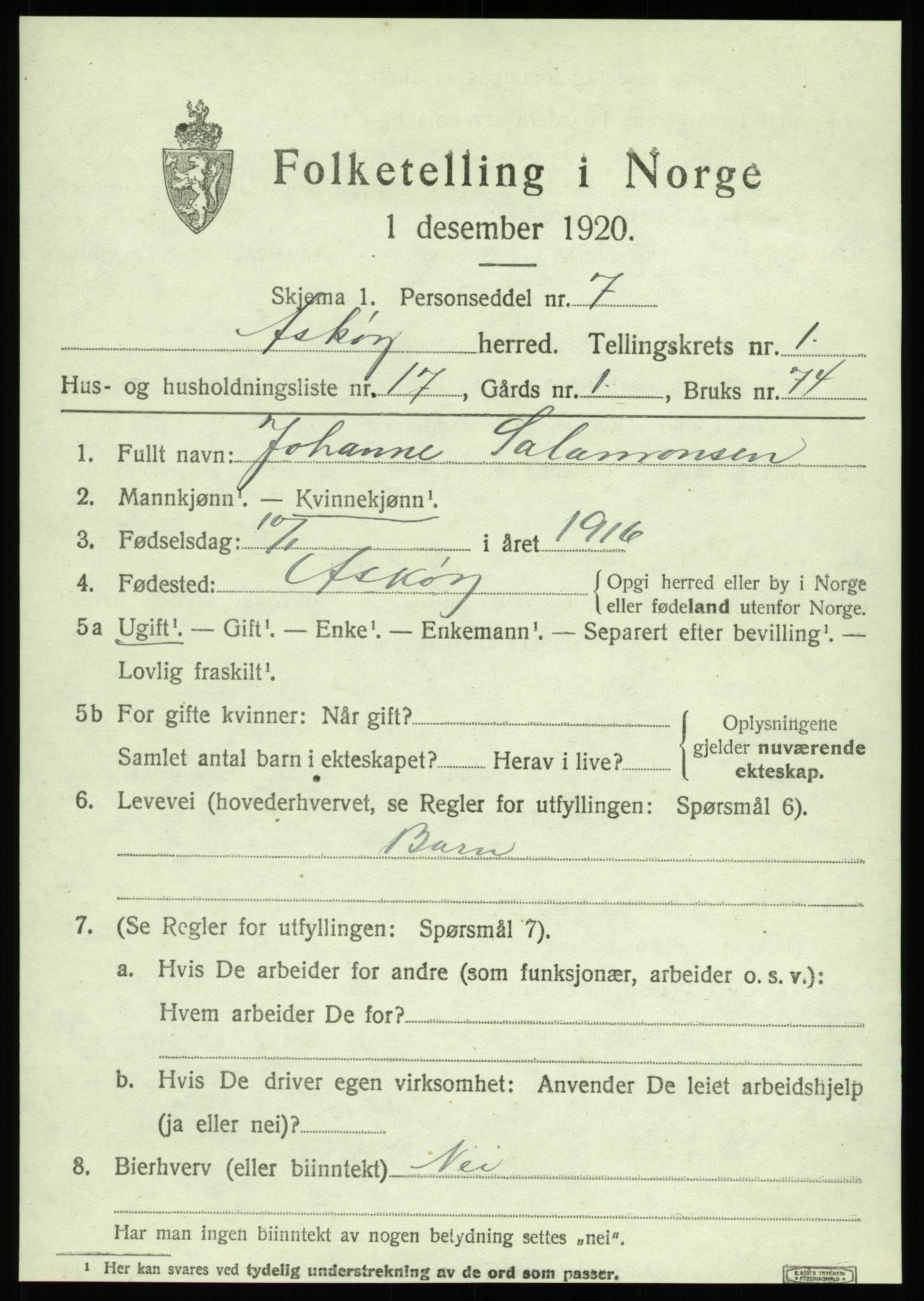 SAB, 1920 census for Askøy, 1920, p. 3696